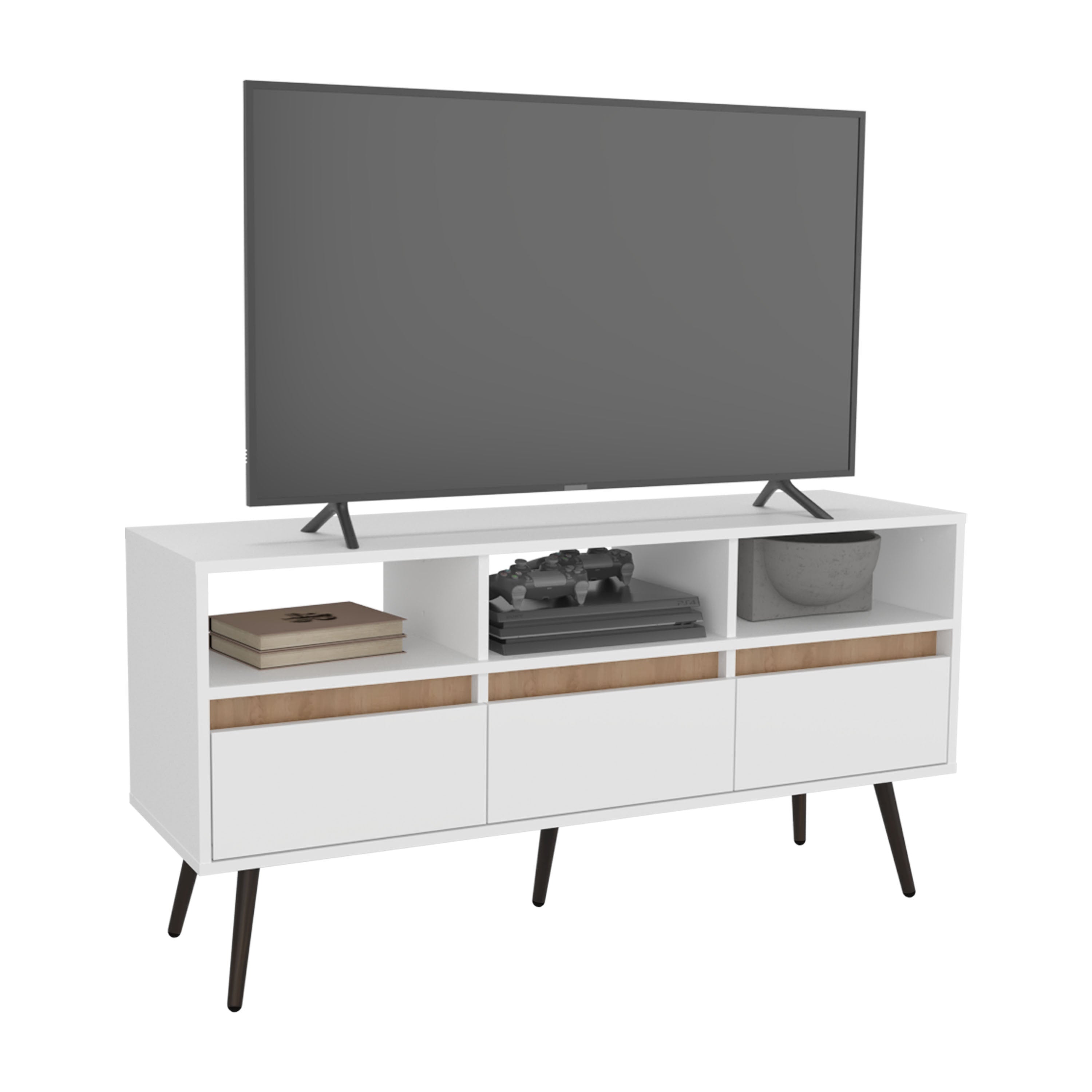 Barrow TV Stand, 3 Drawers, 3 Shelves, White / Natural Oak - Luciddepo