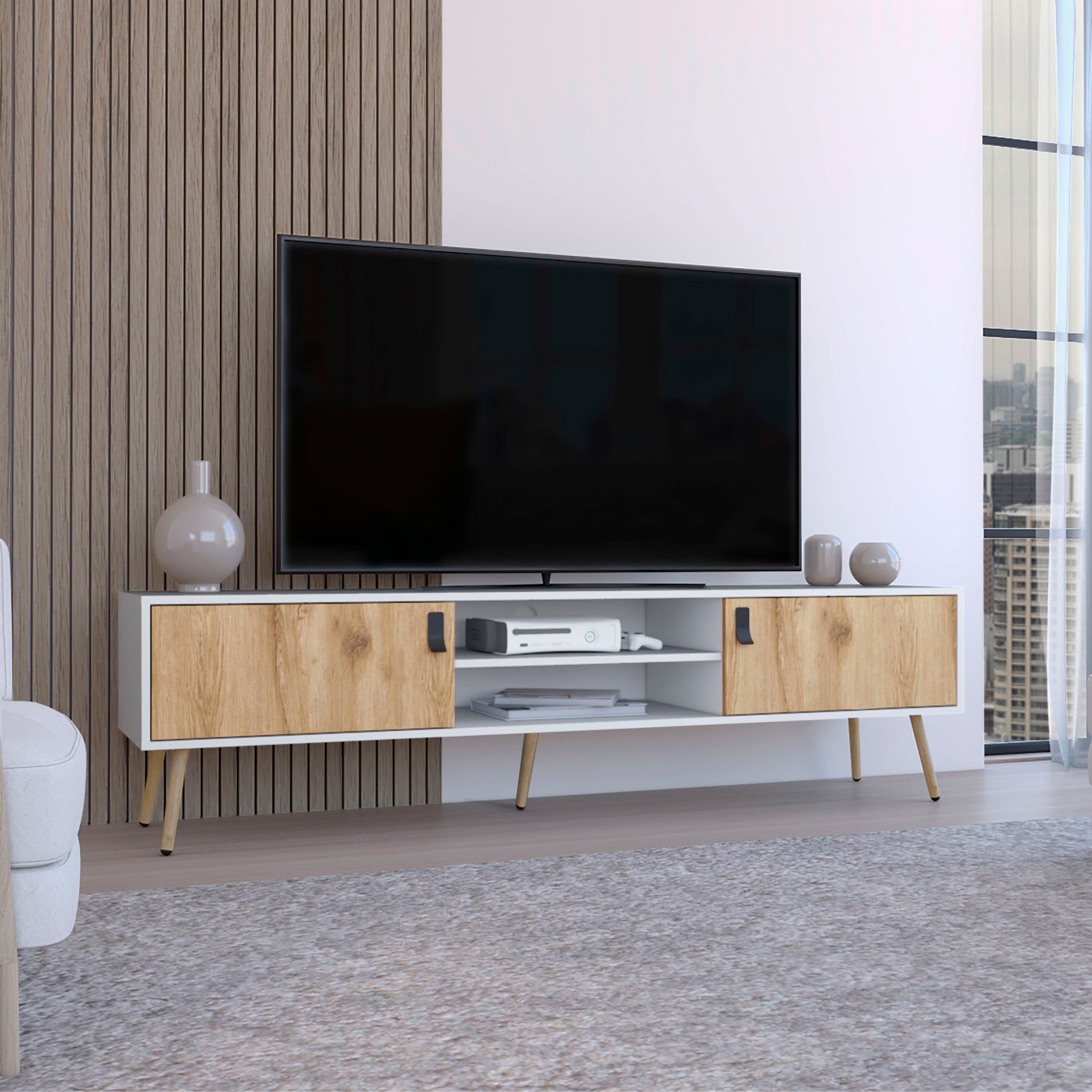 Toka TV Rack with 2 Hinged Doors and Central Shelves, White/Macadamia - Luciddepo