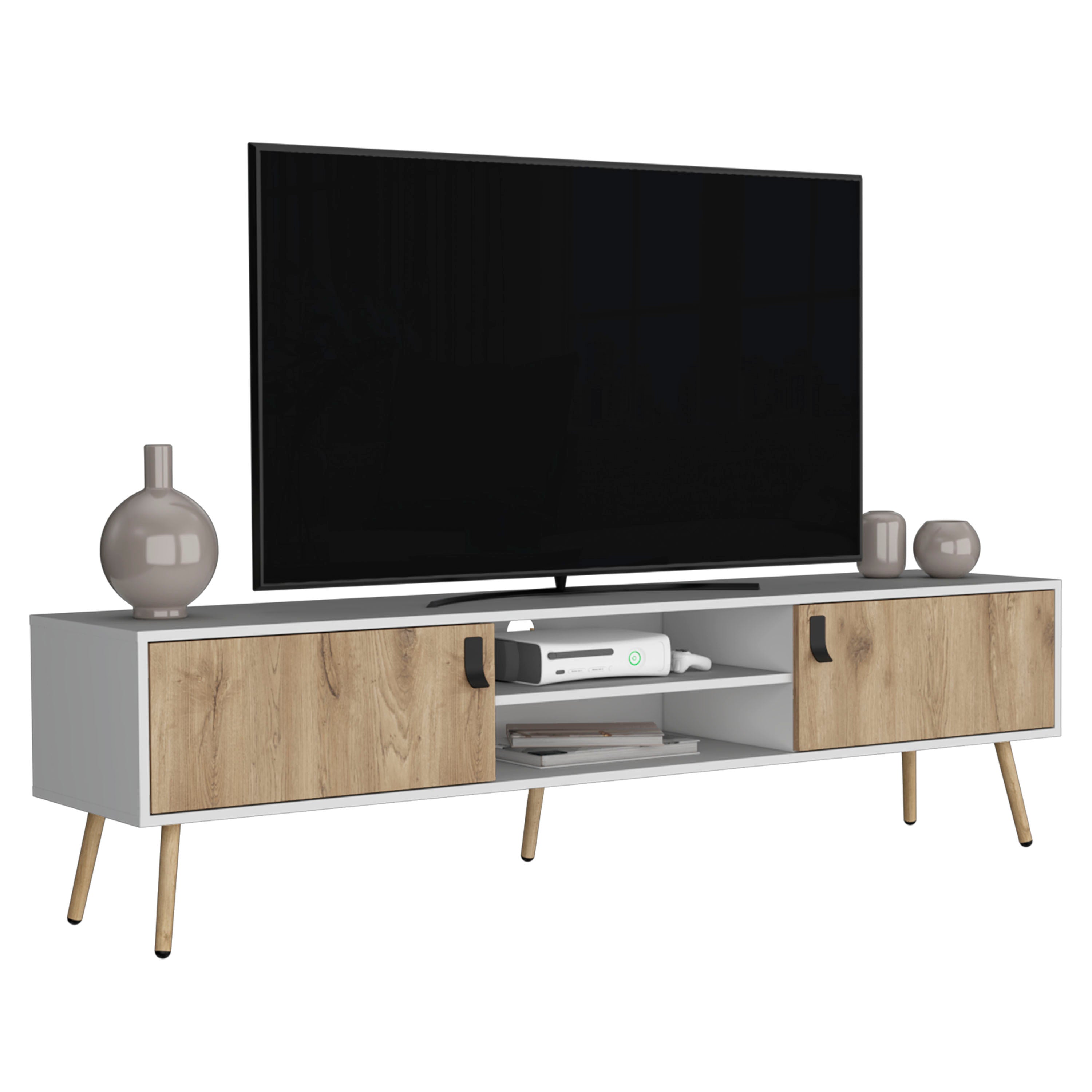 Toka TV Rack with 2 Hinged Doors and Central Shelves, White/Macadamia - Luciddepo