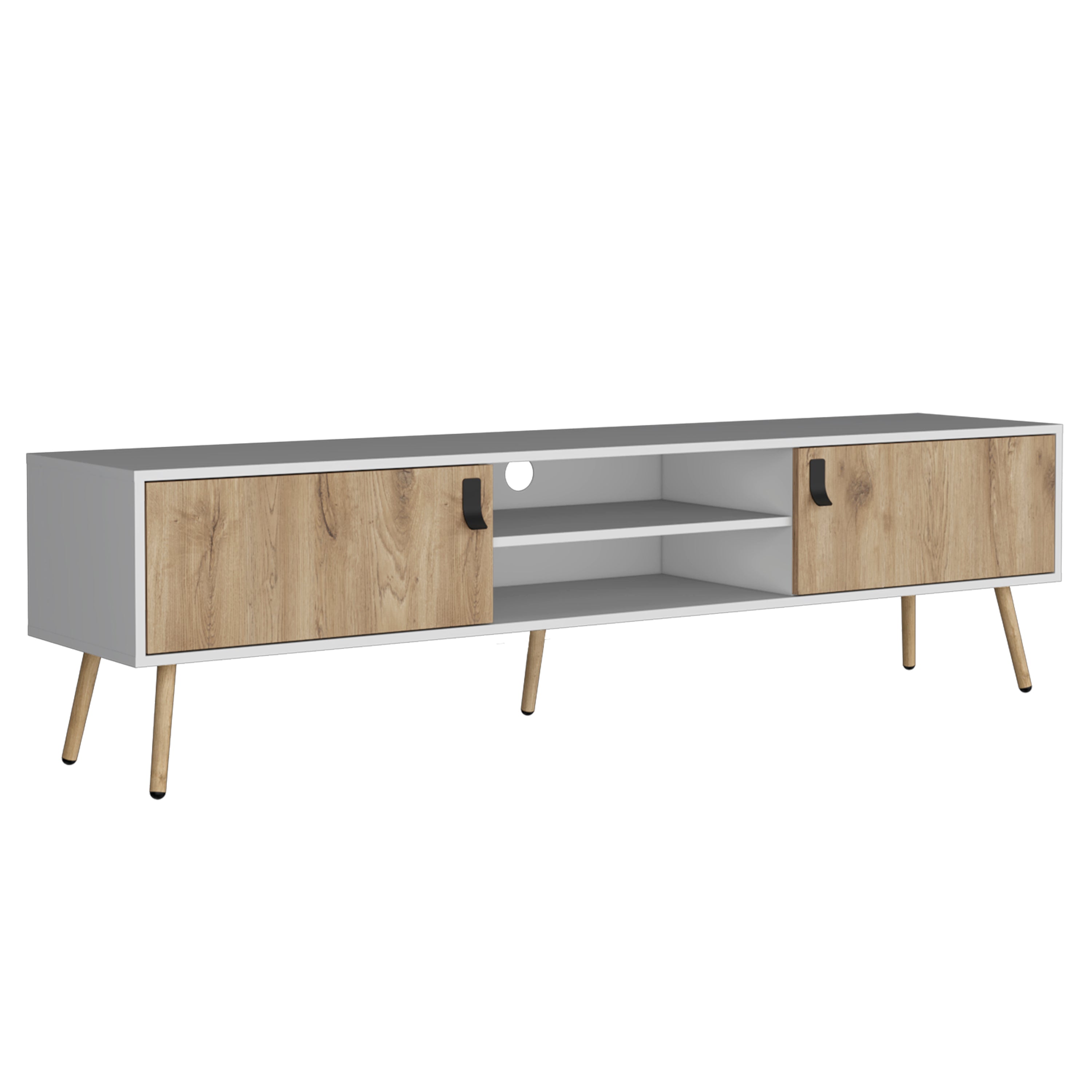 Toka TV Rack with 2 Hinged Doors and Central Shelves, White/Macadamia - Luciddepo