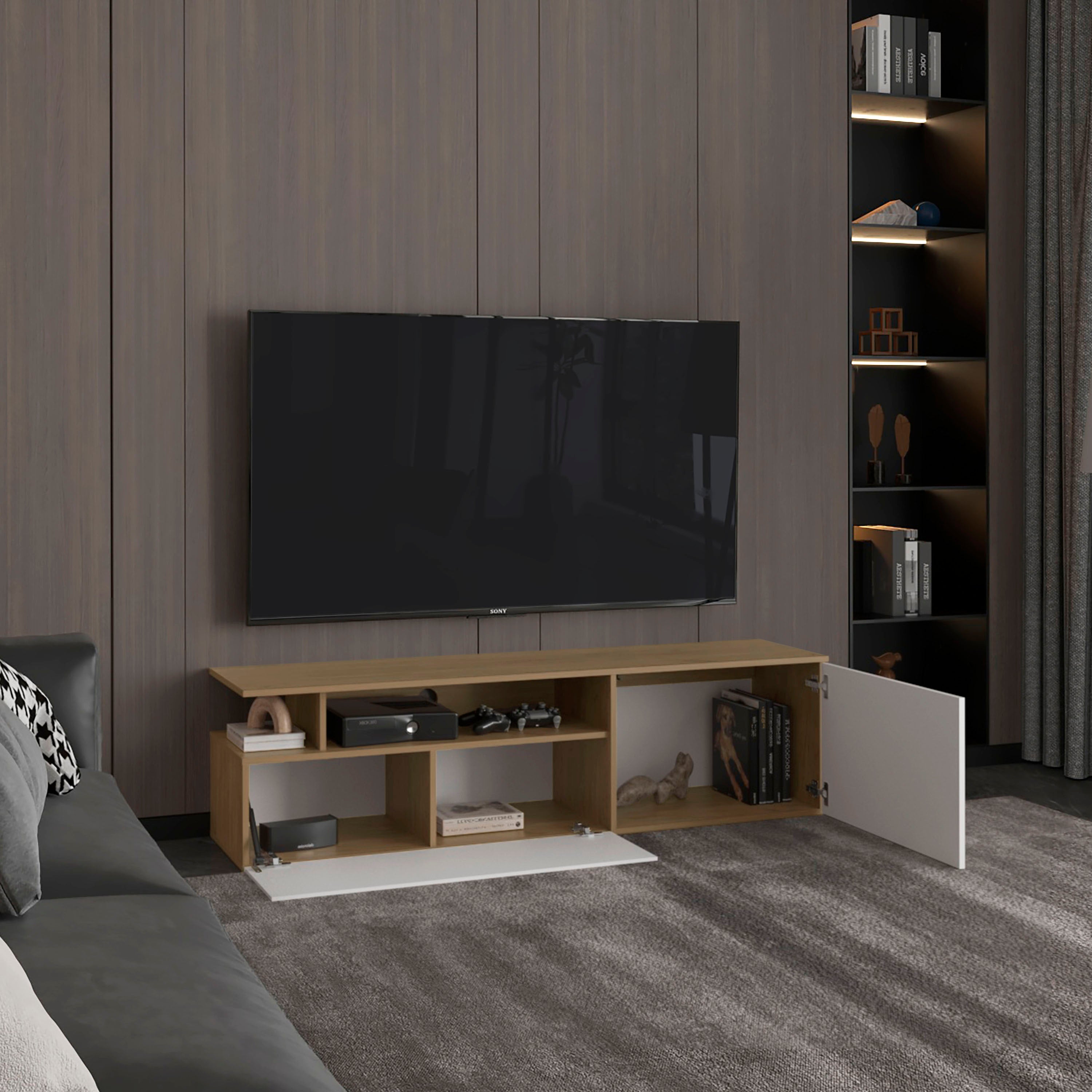 Virgil Tv Stand 60" TV Capacity, Natural Oak  /  White - Luciddepo