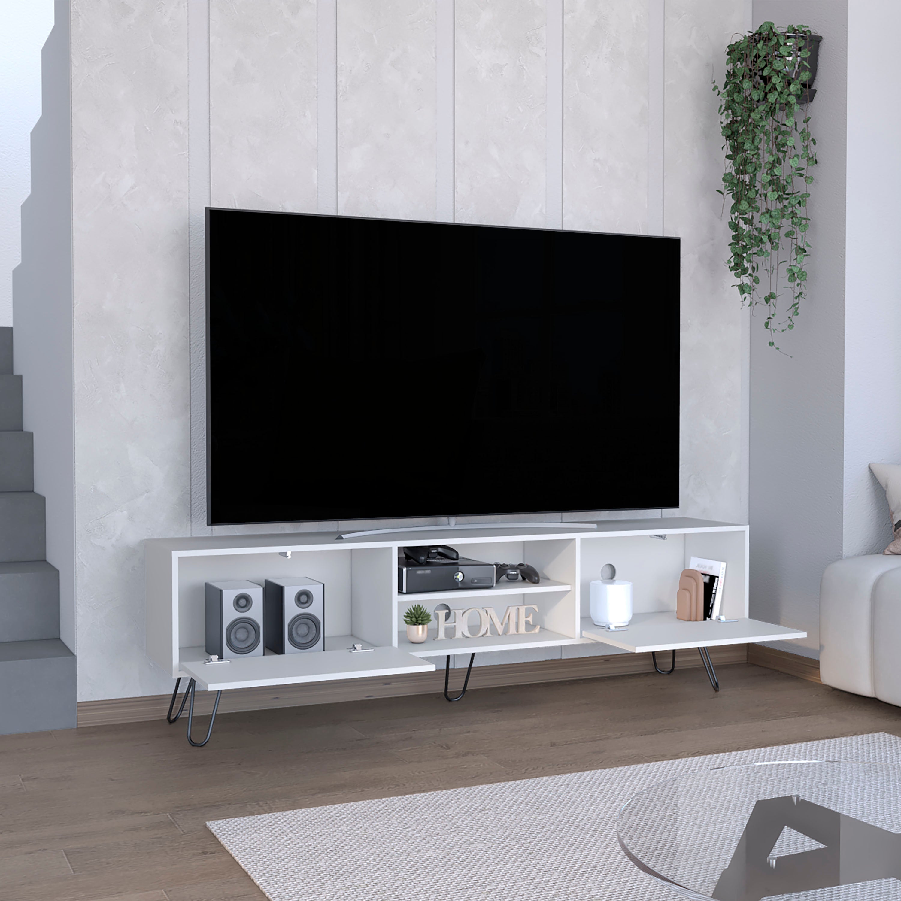 Waco TV Rack, Hairpin Stand with Spacious Storage and Cable Management Holes, White - Luciddepo