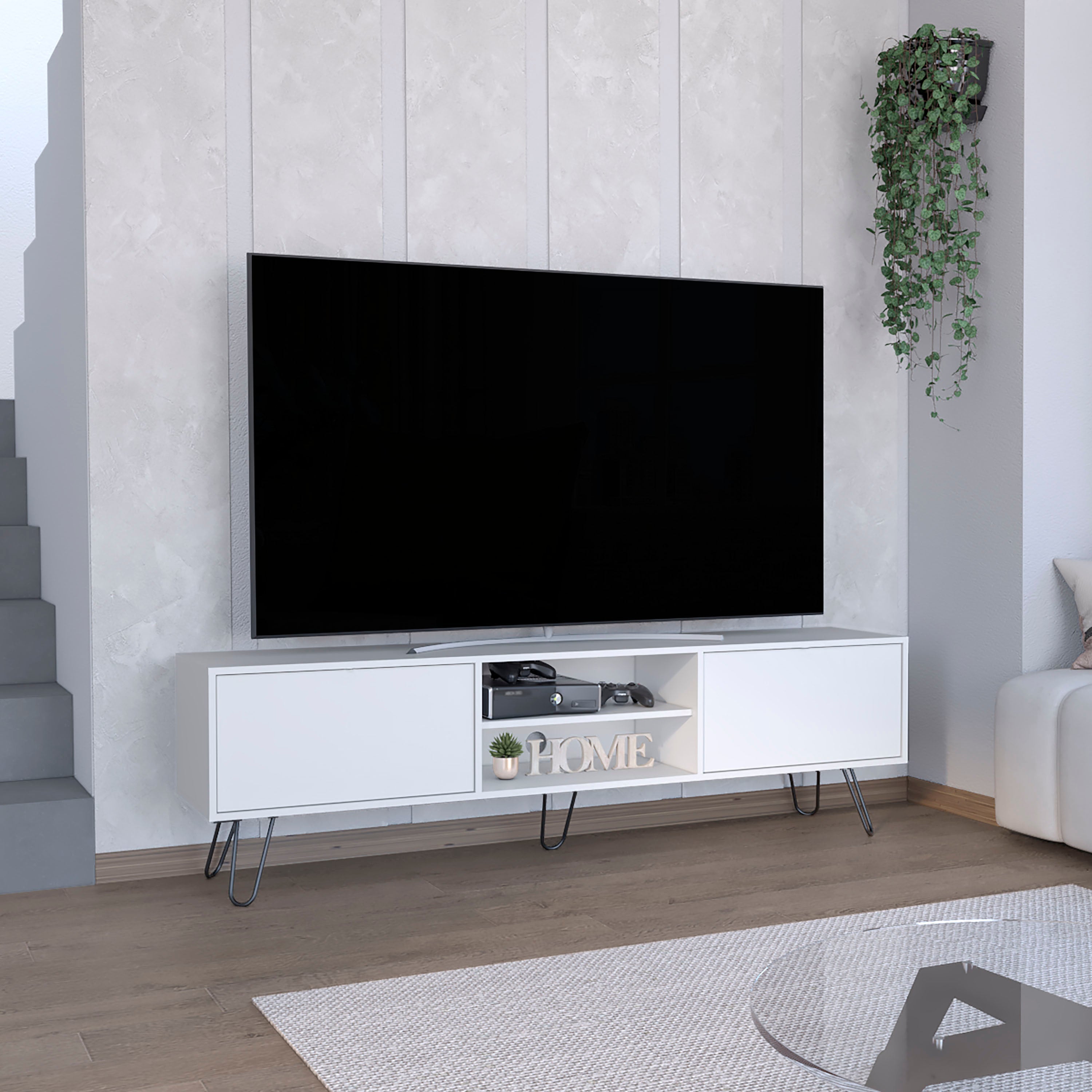 Waco TV Rack, Hairpin Stand with Spacious Storage and Cable Management Holes, White - Luciddepo