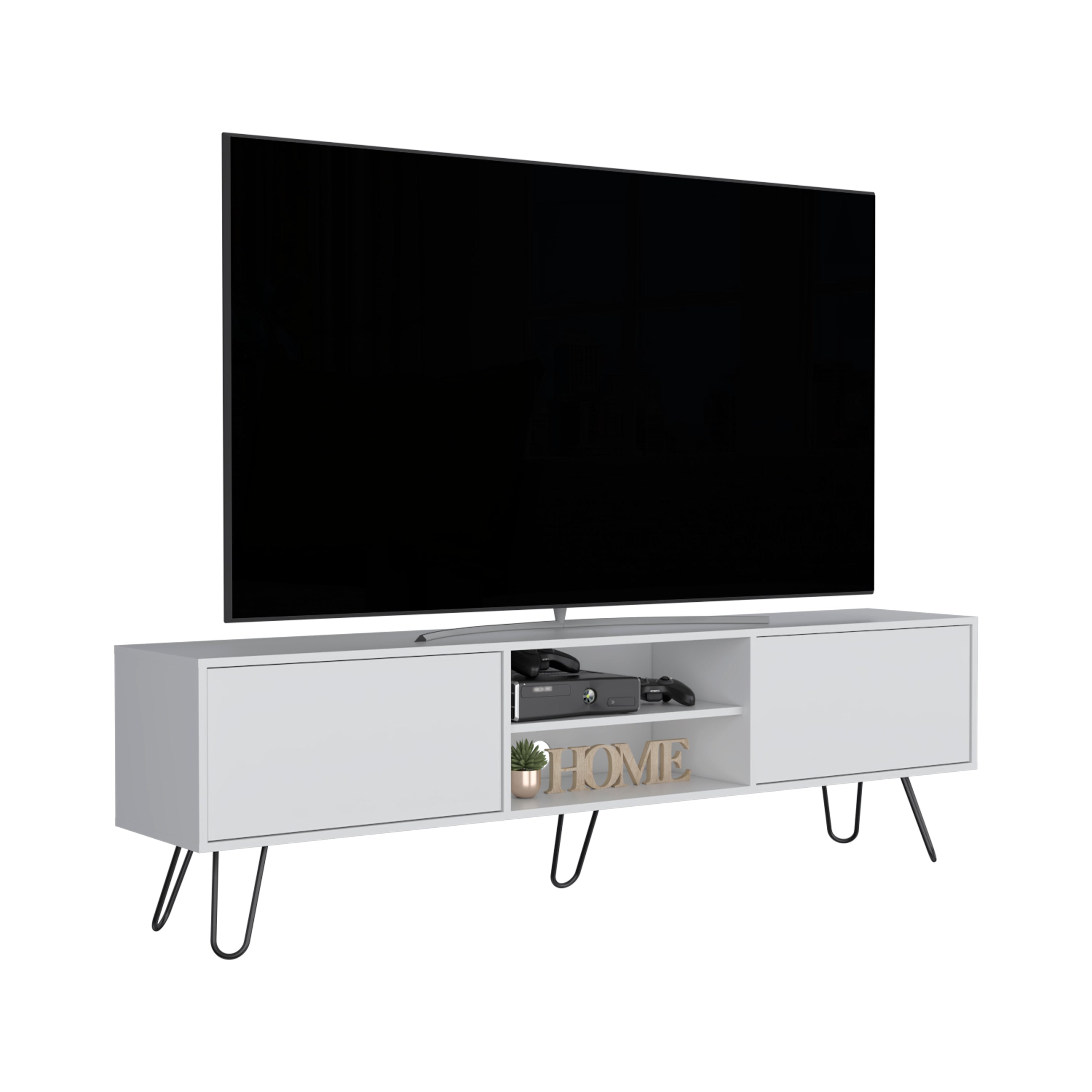 Waco TV Rack, Hairpin Stand with Spacious Storage and Cable Management Holes, White - Luciddepo