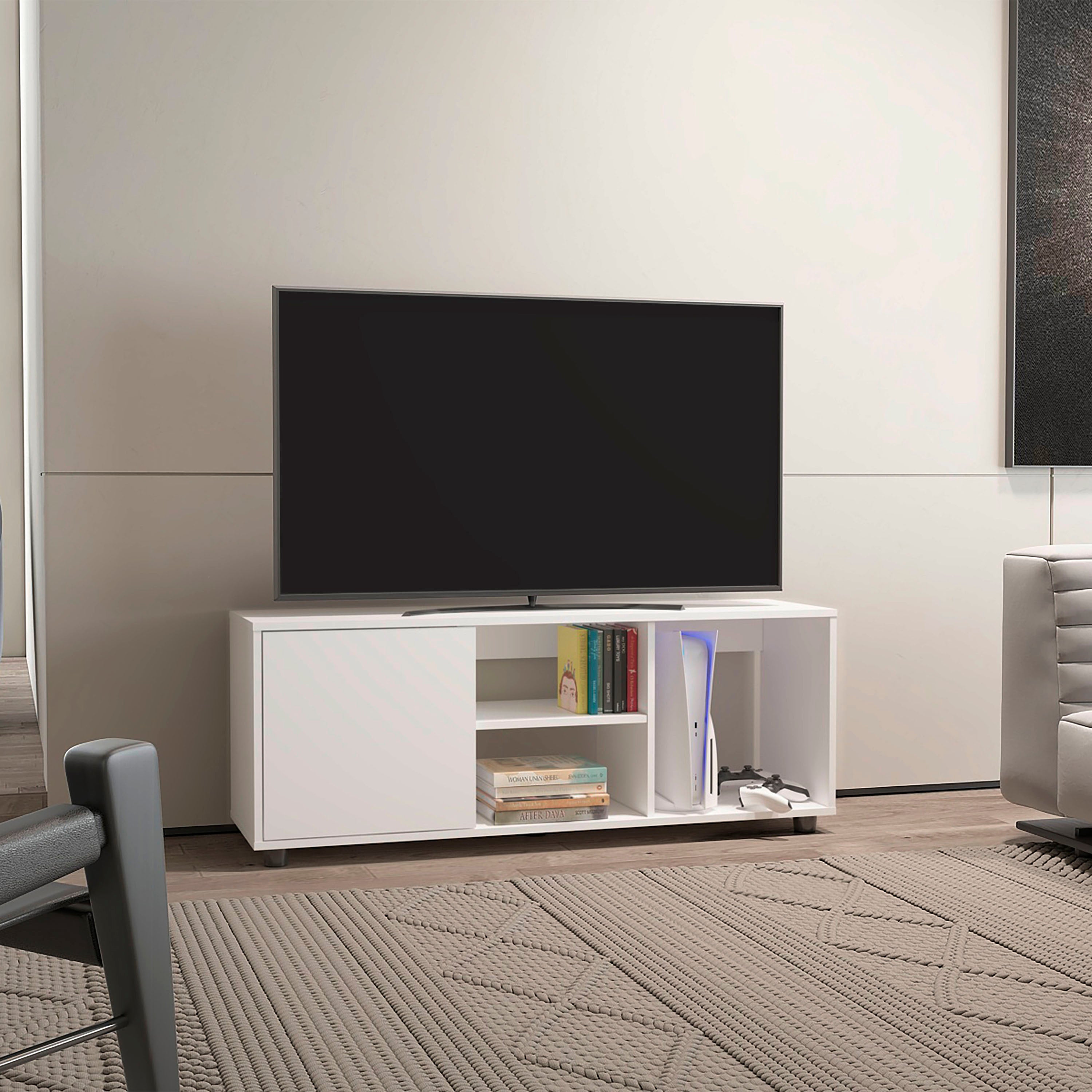 Penndel Tv Stand, 1 Door, 4 Shelves, 55" TV Capacity, Black Wengue - Luciddepo