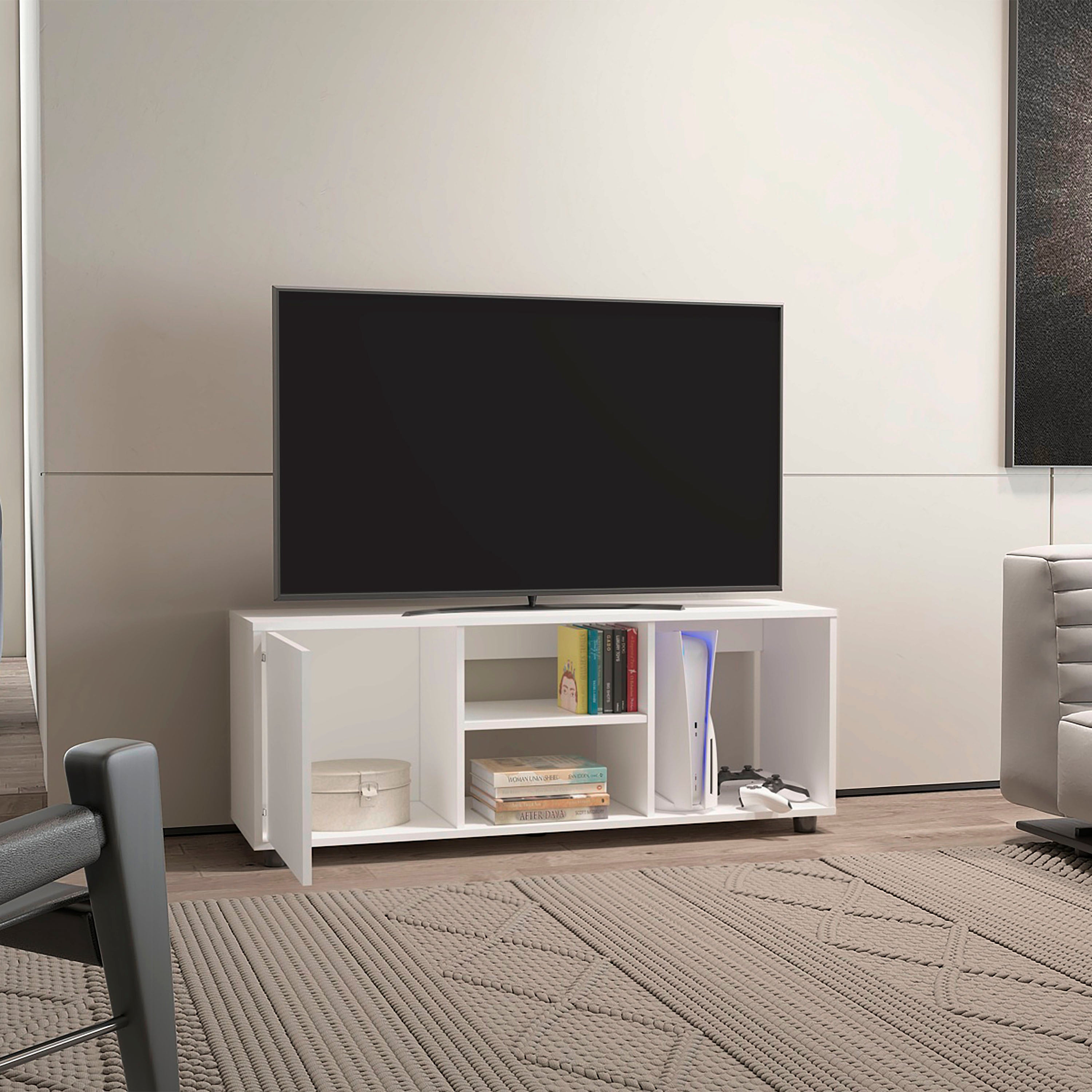 Penndel Tv Stand, 1 Door, 4 Shelves, 55" TV Capacity, Black Wengue - Luciddepo