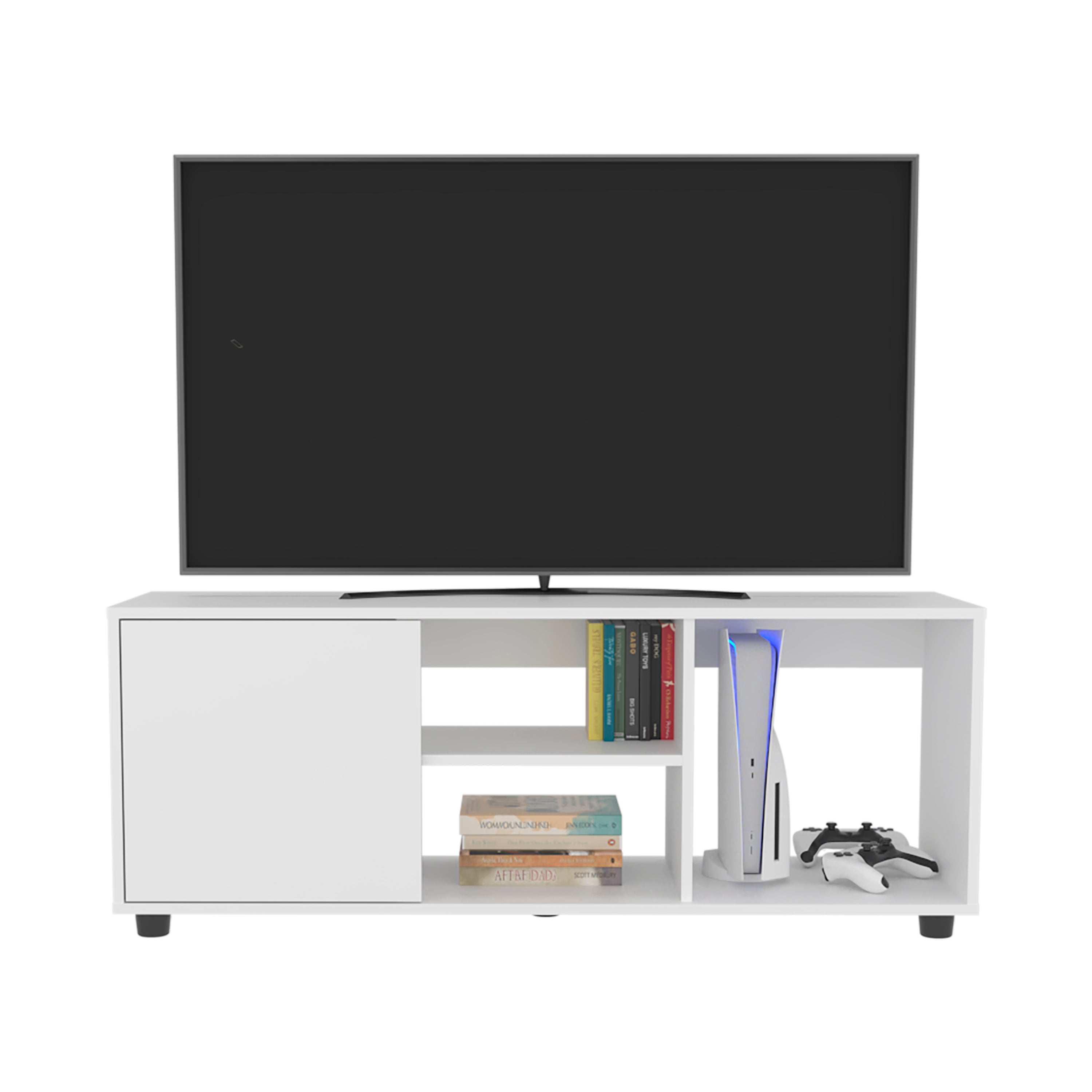 Penndel Tv Stand, 1 Door, 4 Shelves, 55" TV Capacity, Black Wengue - Luciddepo