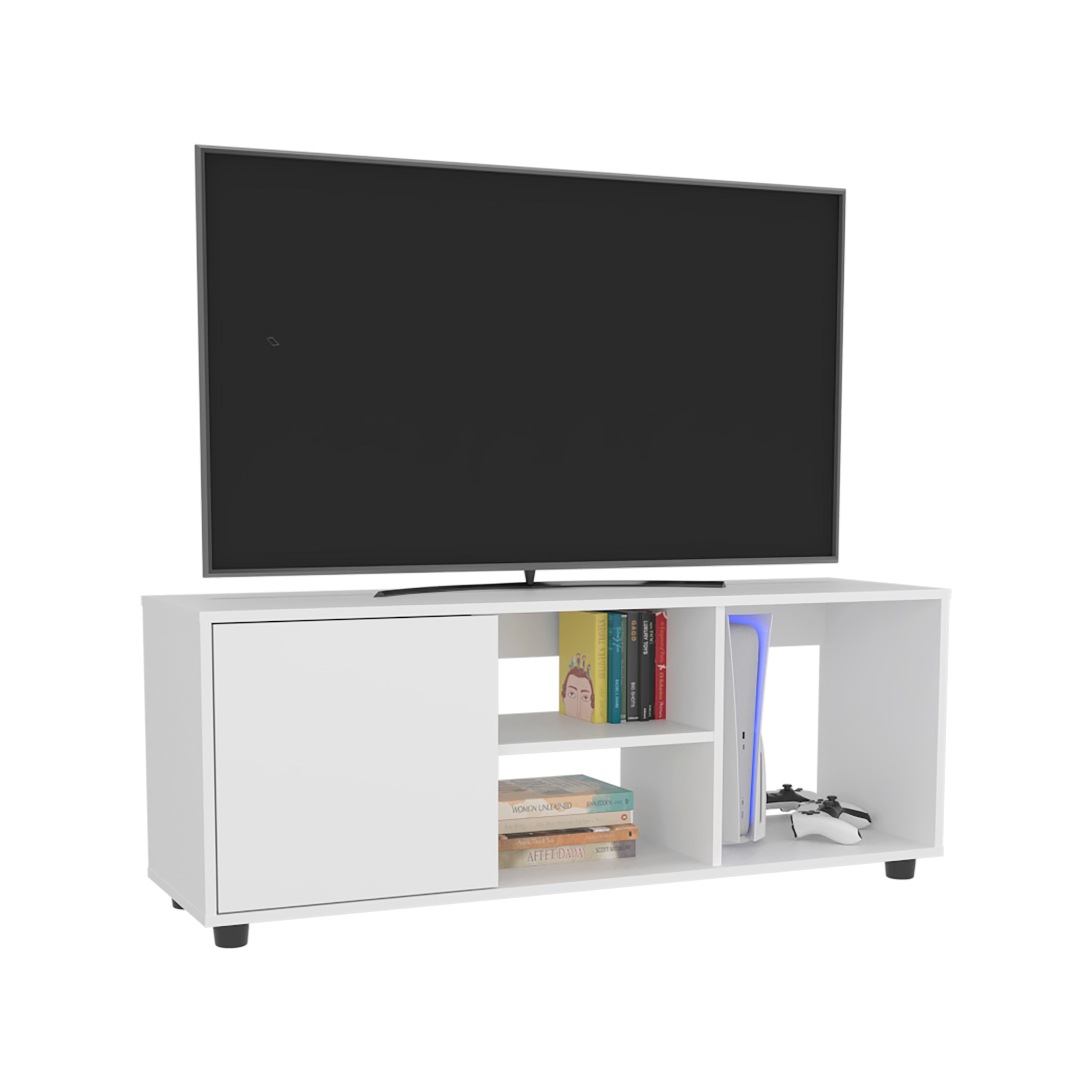 Penndel Tv Stand, 1 Door, 4 Shelves, 55" TV Capacity, Black Wengue - Luciddepo