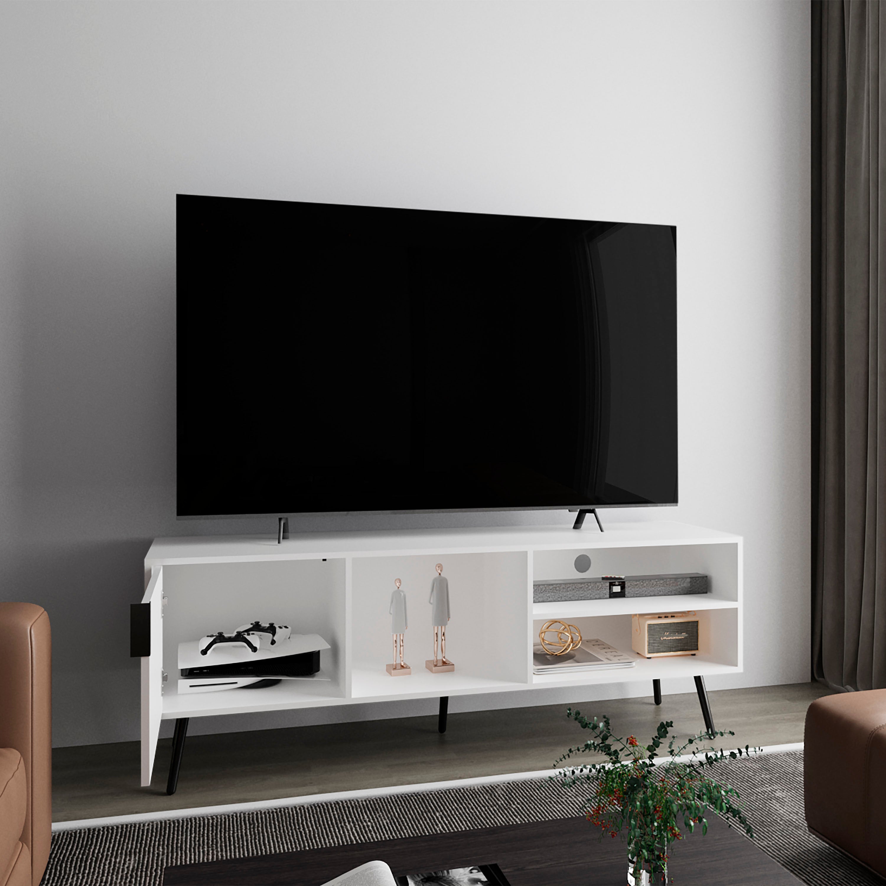 Ekwok TV Stand, 1 Door, 3 Shelves, White - Luciddepo