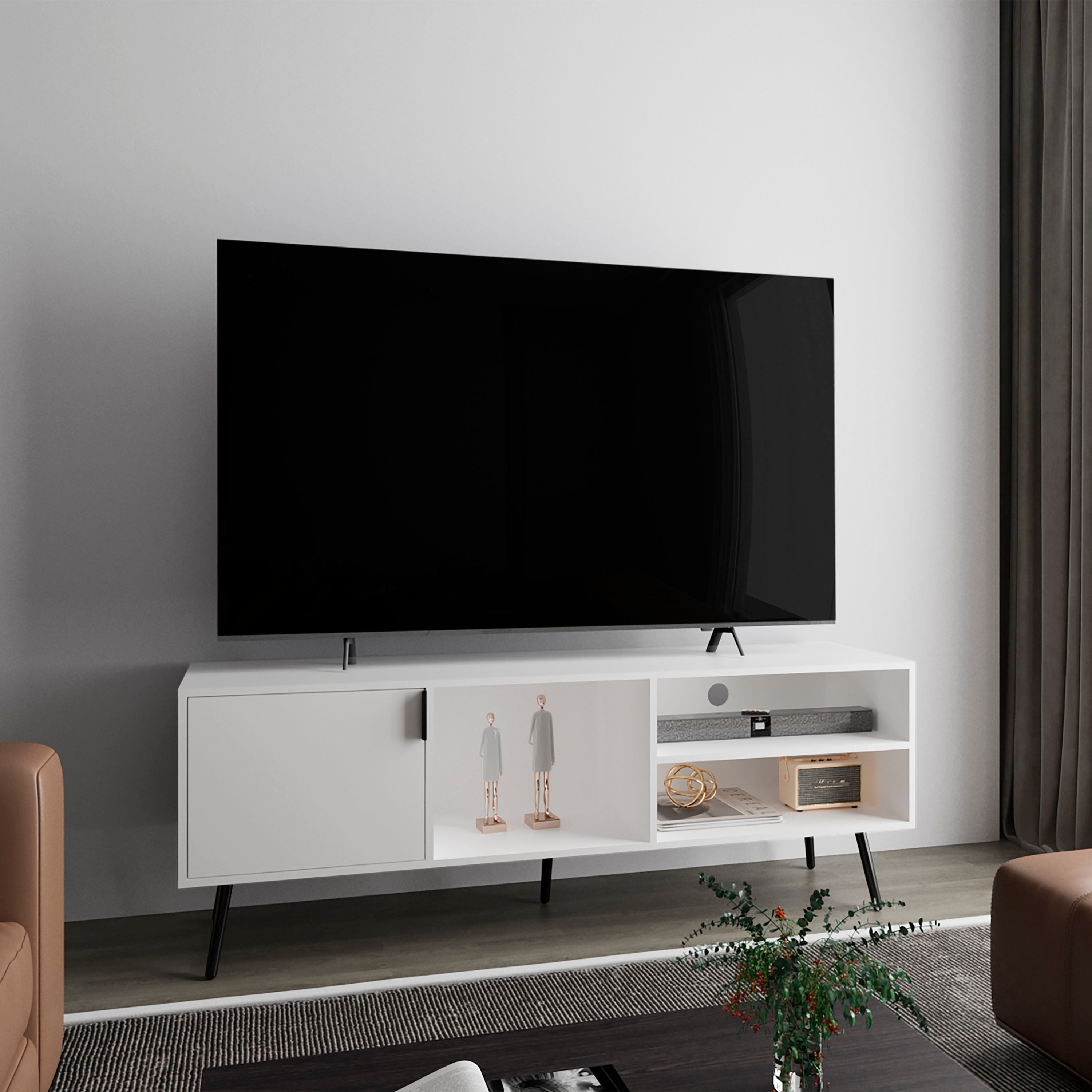 Ekwok TV Stand, 1 Door, 3 Shelves, White - Luciddepo