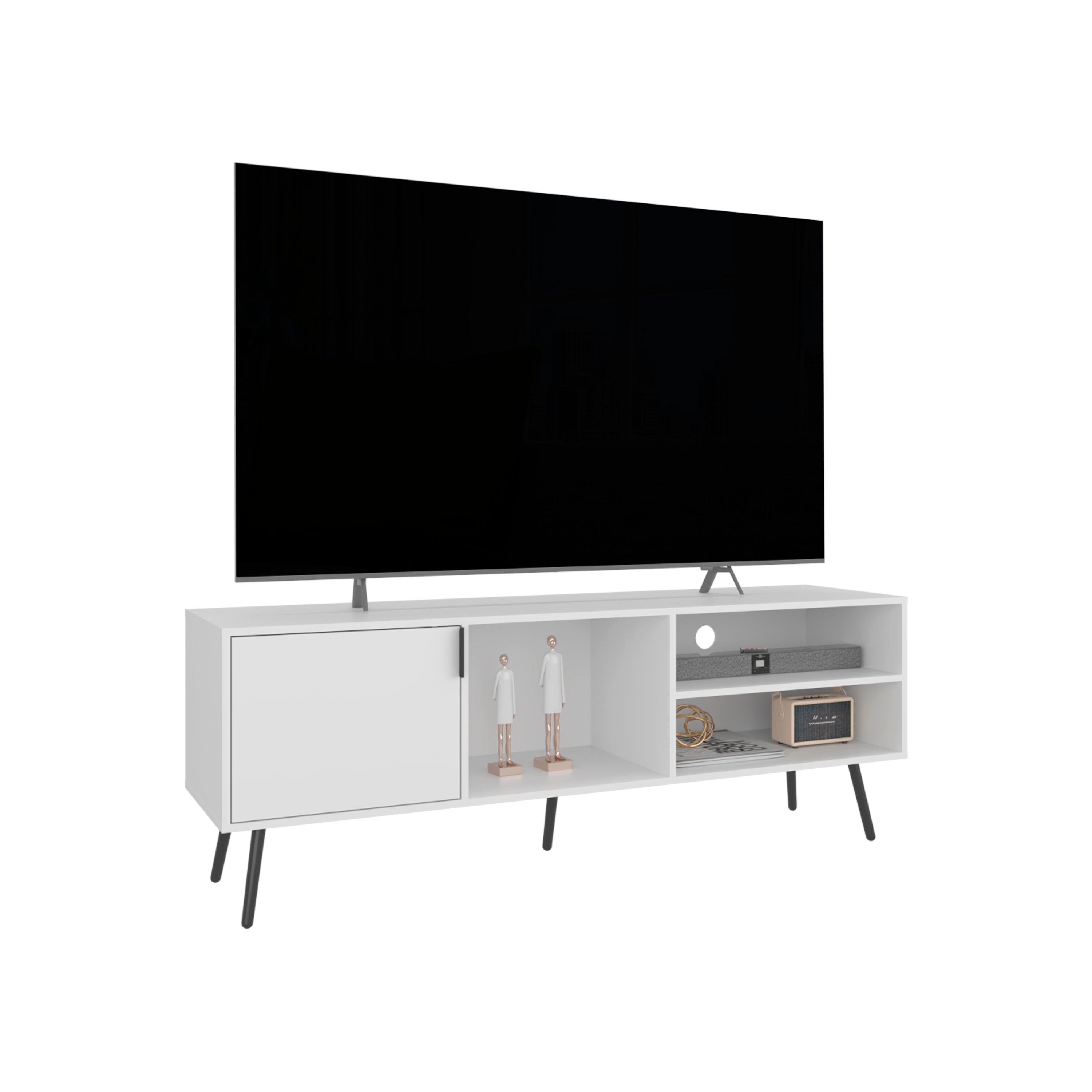 Ekwok TV Stand, 1 Door, 3 Shelves, White - Luciddepo