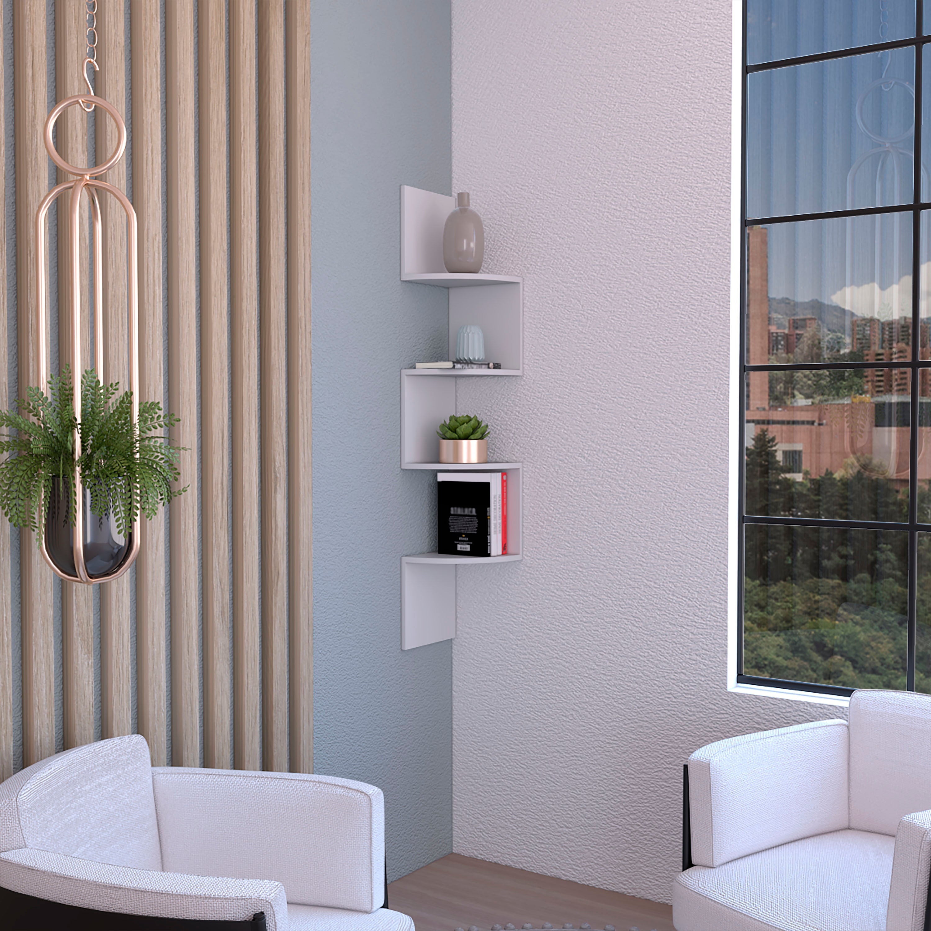 Roy Corner Floating Shelf, Modern 4-Tier Display, White - Luciddepo