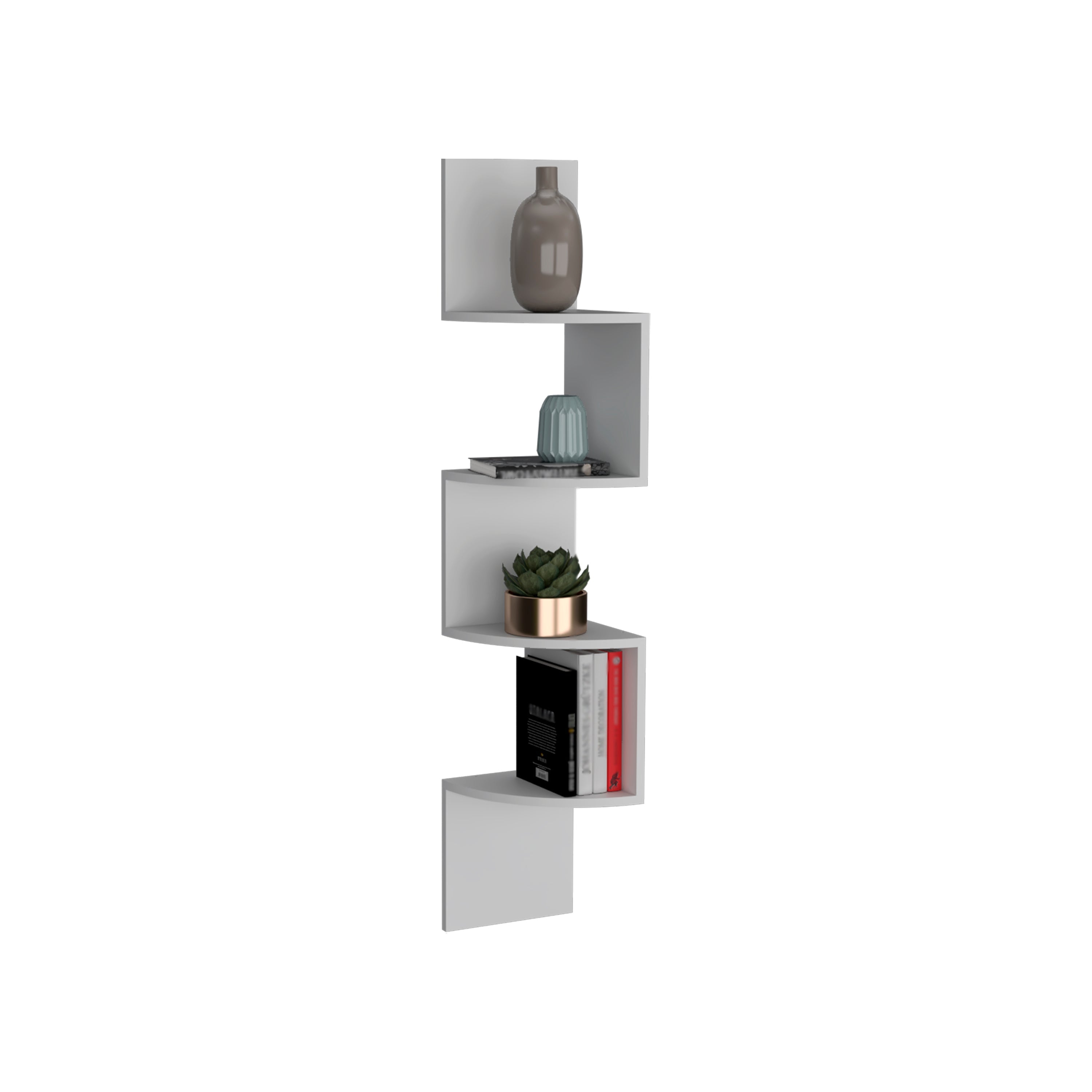 Roy Corner Floating Shelf, Modern 4-Tier Display, White - Luciddepo