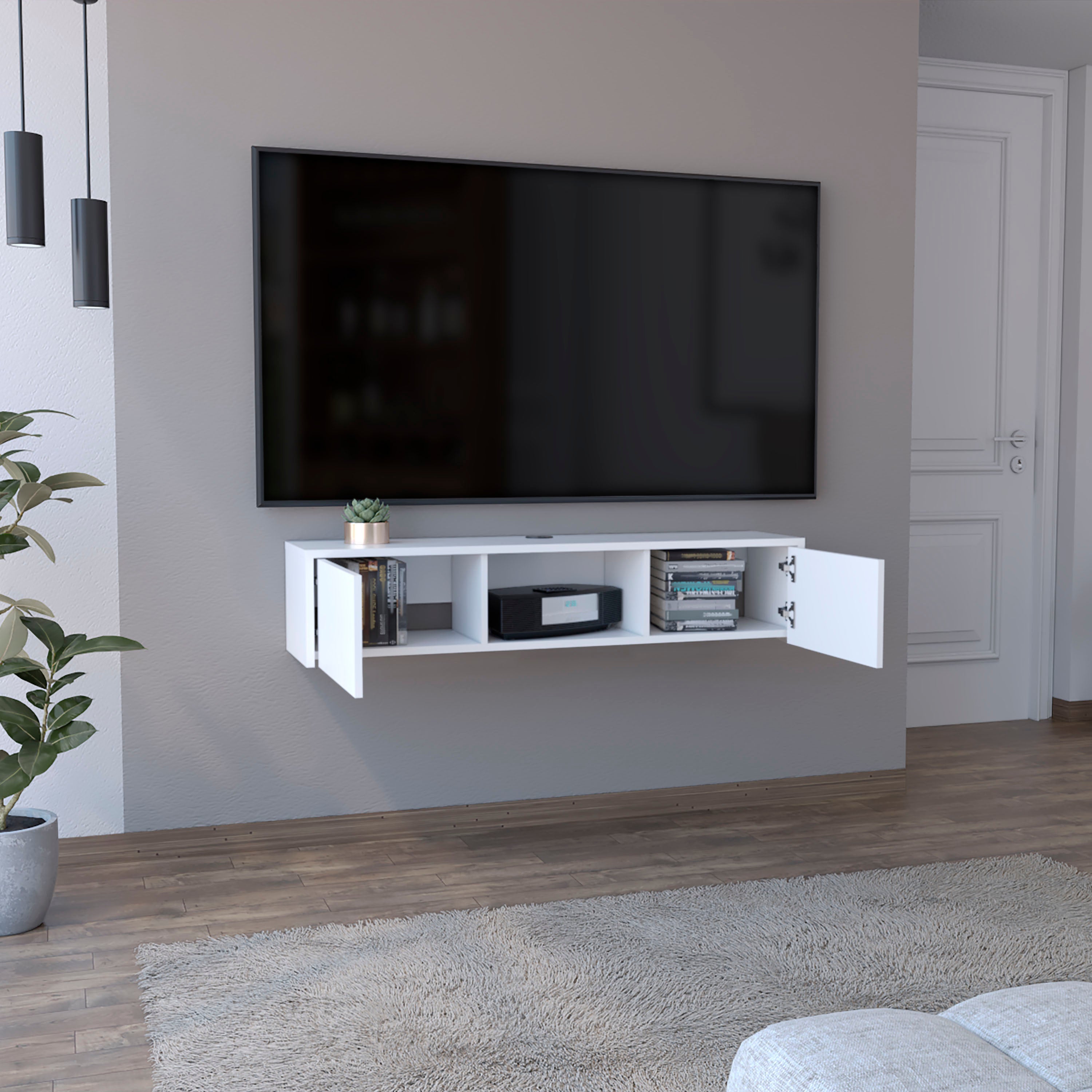 Adel Floating TV Stand, Sleek Wall-Mounted Console with 2-Doors, White - Luciddepo