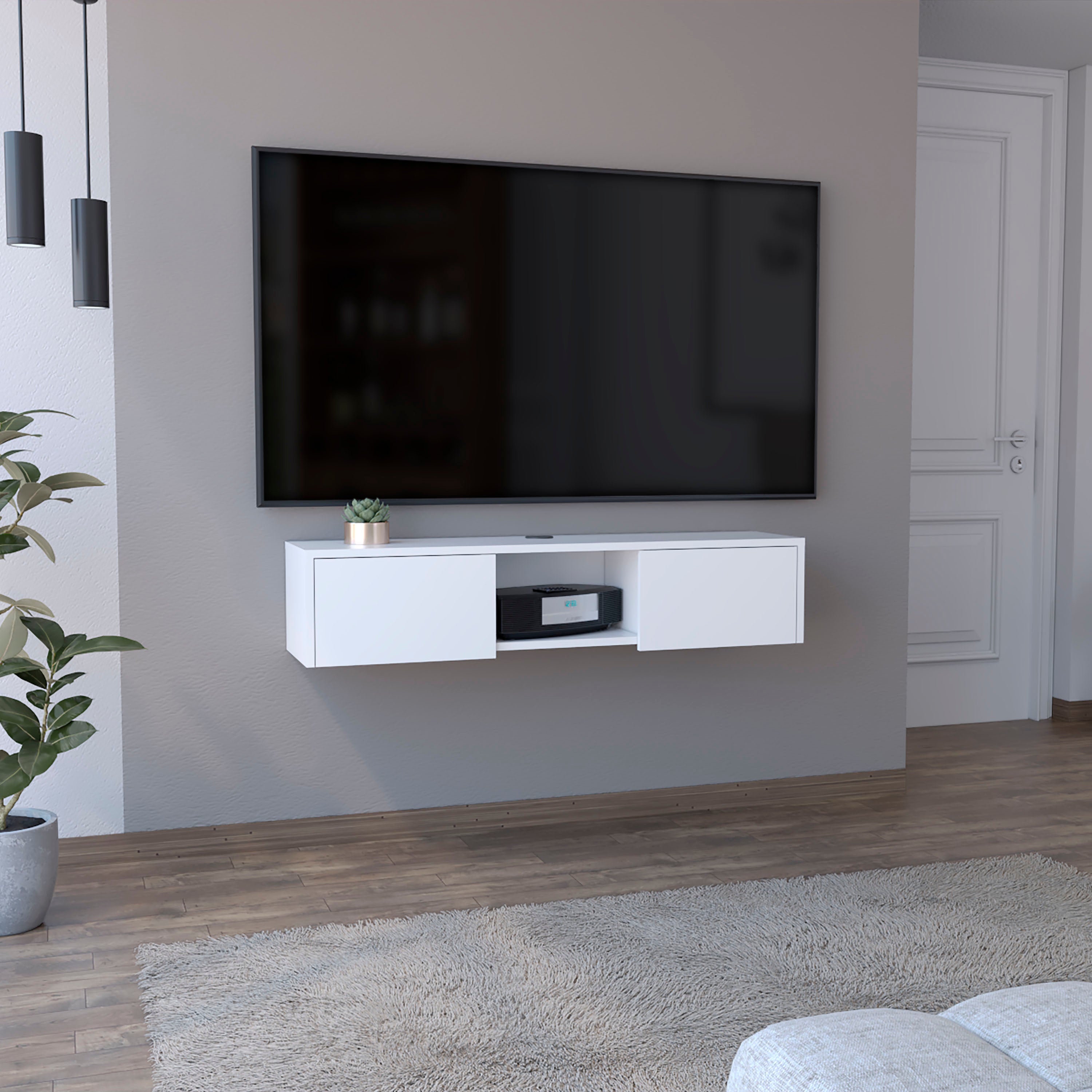 Adel Floating TV Stand, Sleek Wall-Mounted Console with 2-Doors, White - Luciddepo