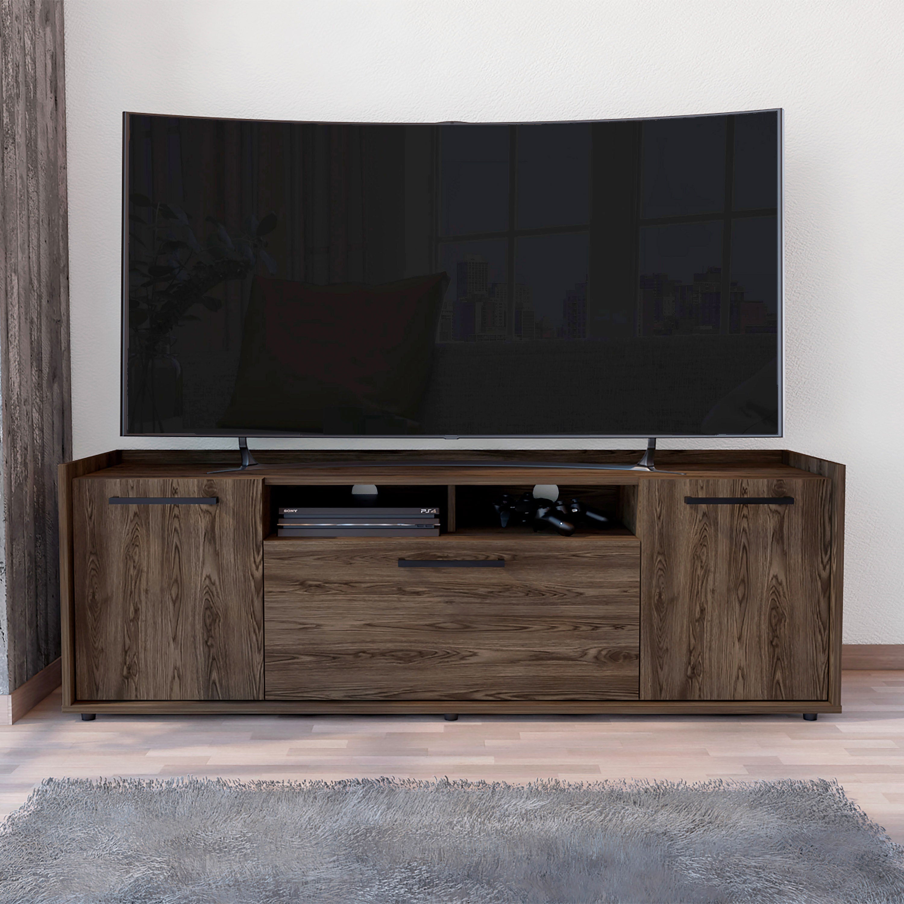 Hollywood Tv Stand for TV´s up 60", Double Door Cabinets, One Flexible Cabinet, Dark Walnut - Luciddepo