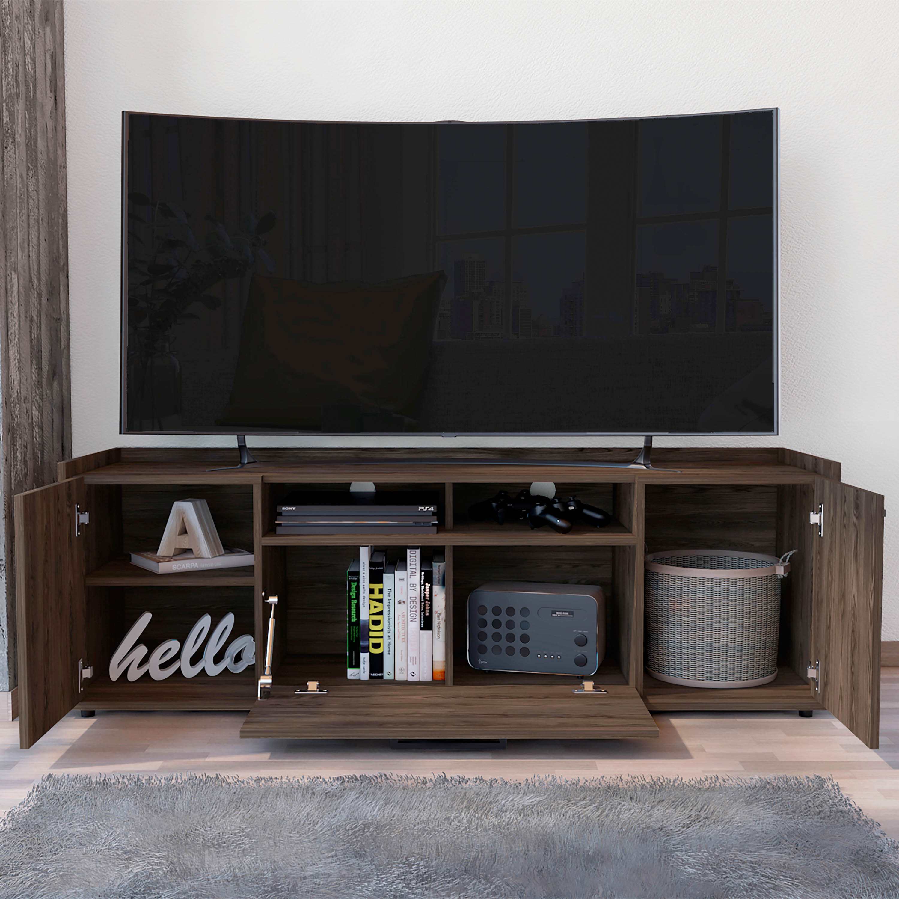 Hollywood Tv Stand for TV´s up 60", Double Door Cabinets, One Flexible Cabinet, Dark Walnut - Luciddepo