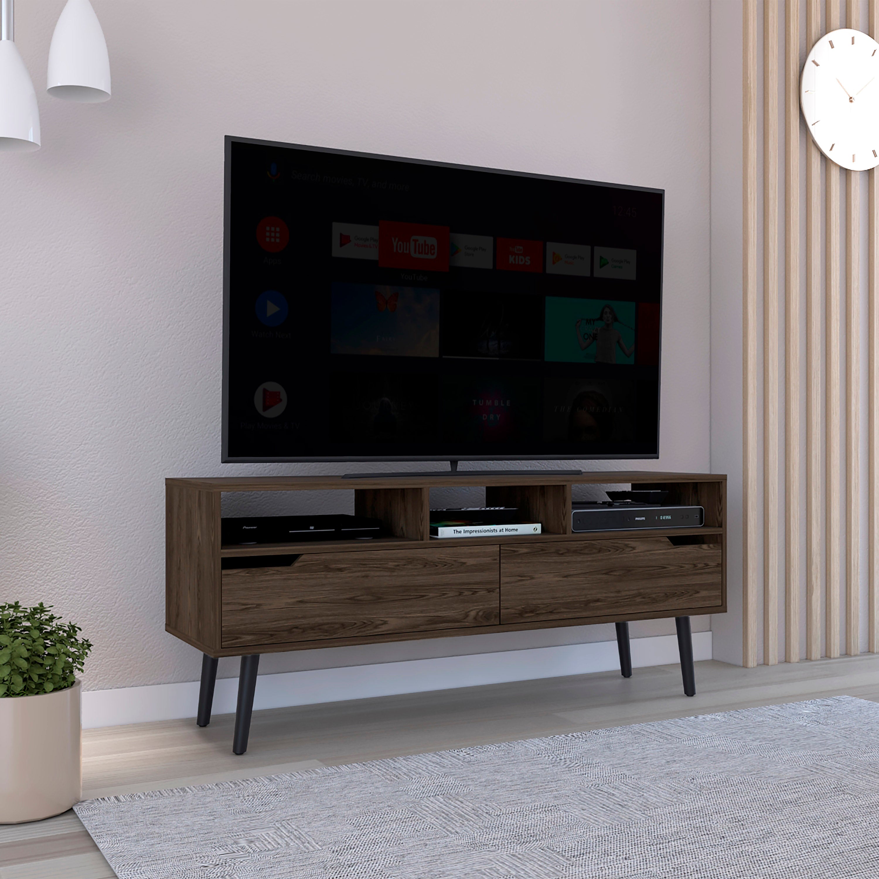 Kobe Tv Stand for TV´s up 52", Three Open Shelves, Two Flexible Drawers, Dark Walnut - Luciddepo
