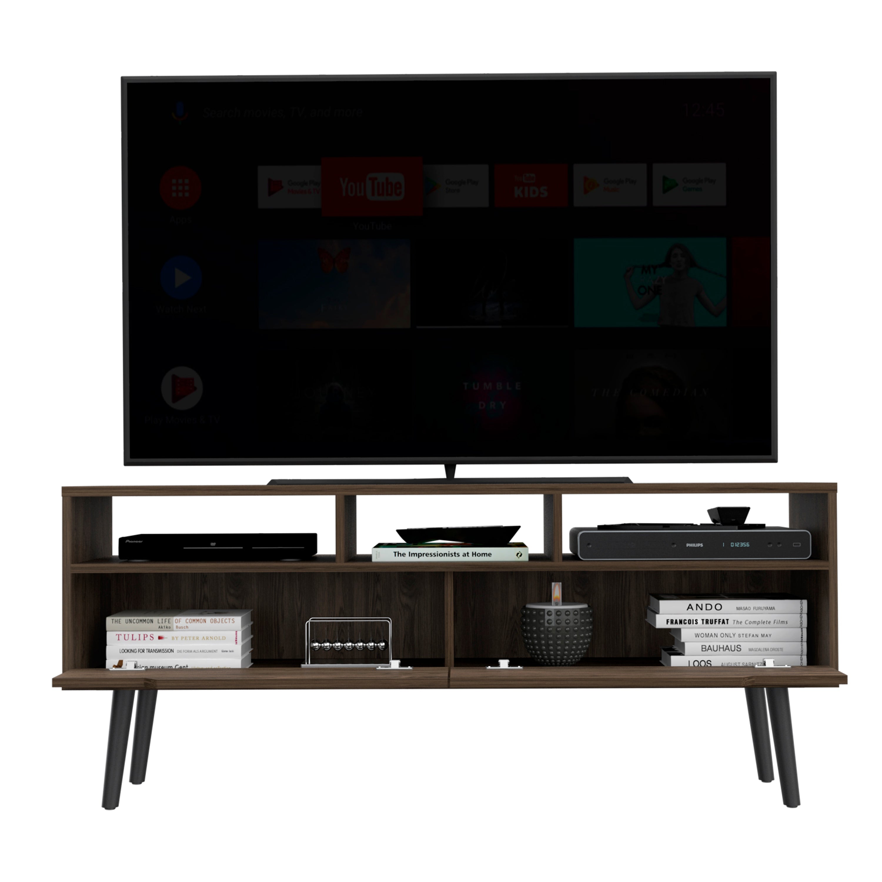 Kobe Tv Stand for TV´s up 52", Three Open Shelves, Two Flexible Drawers, Dark Walnut - Luciddepo