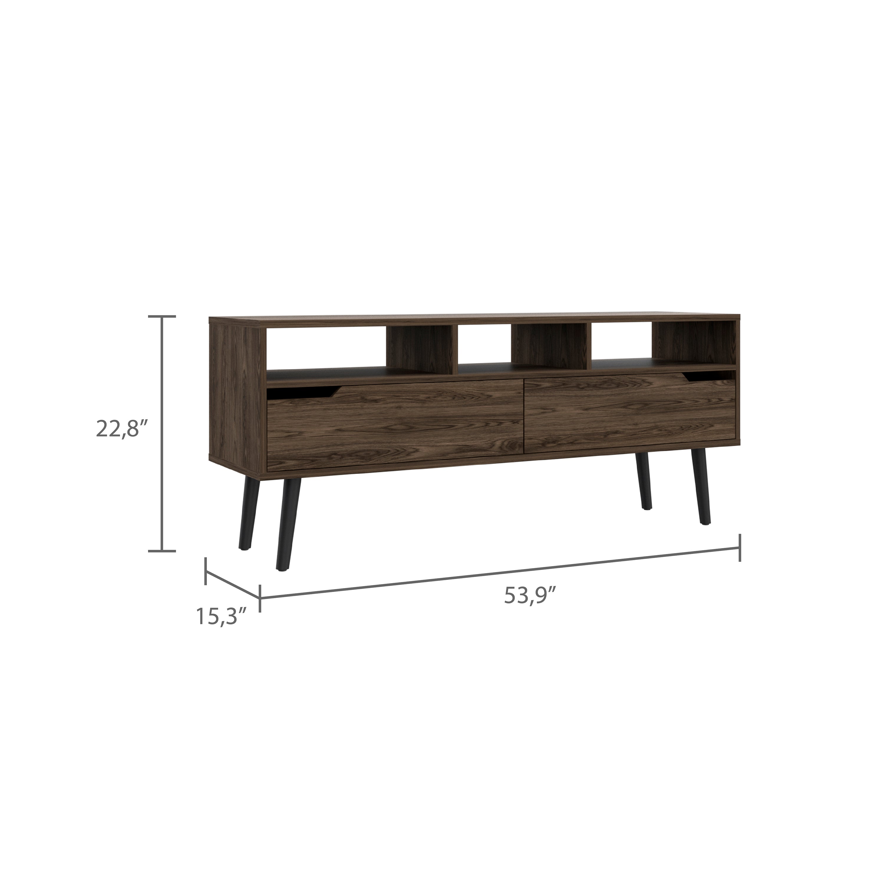 Kobe Tv Stand for TV´s up 52", Three Open Shelves, Two Flexible Drawers, Dark Walnut - Luciddepo
