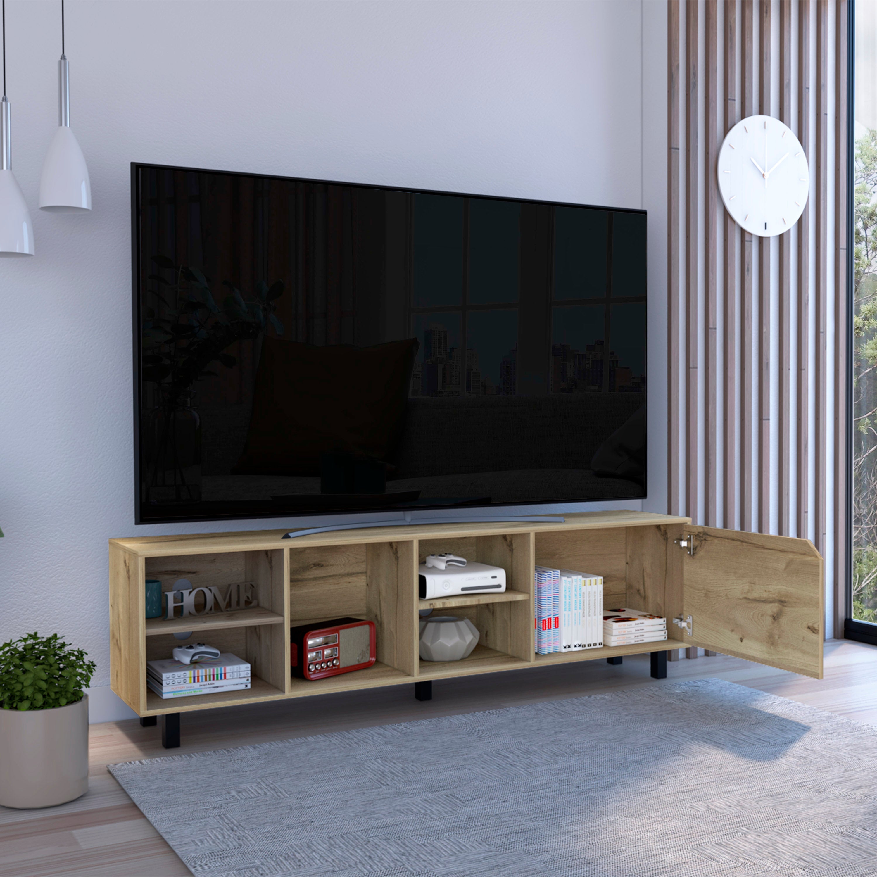 Conquest Tv Stand for TV´s up 70", Four Open Shelves, Five Legs, Light Oak - Luciddepo