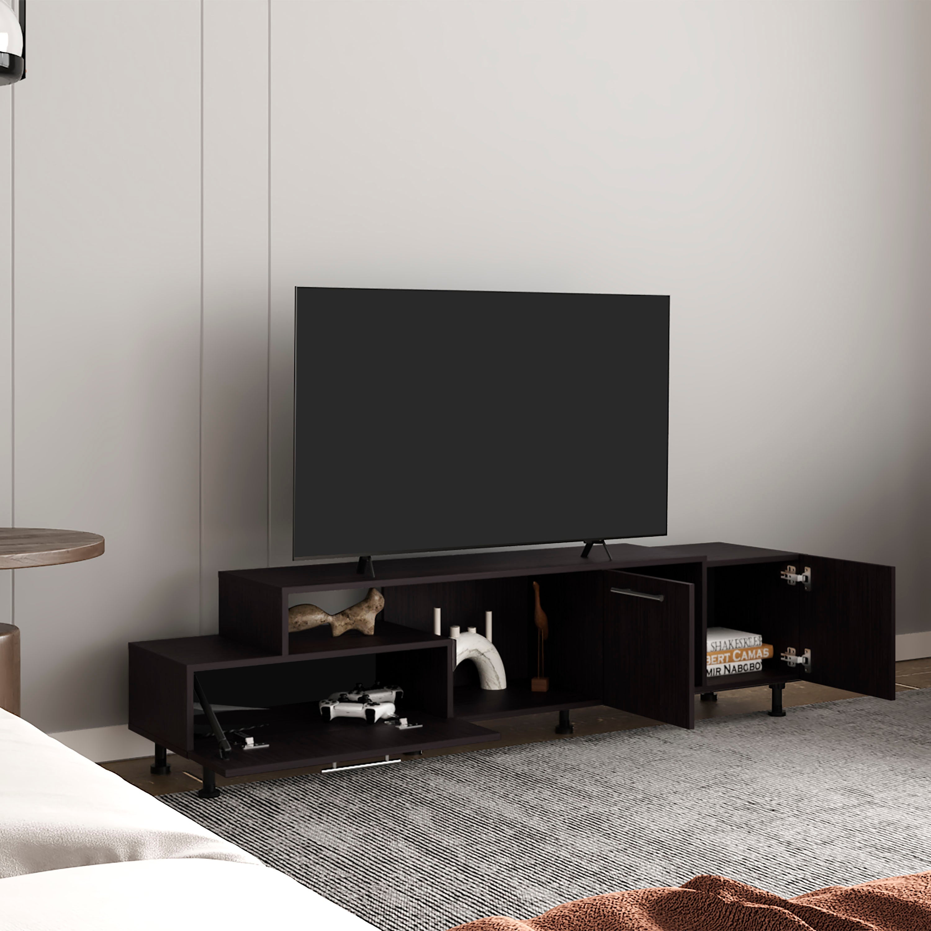 Olmitz Tv Stand, 3 Doors, 1 Shelf, 50" TV Capacity, Black Wengue - Luciddepo