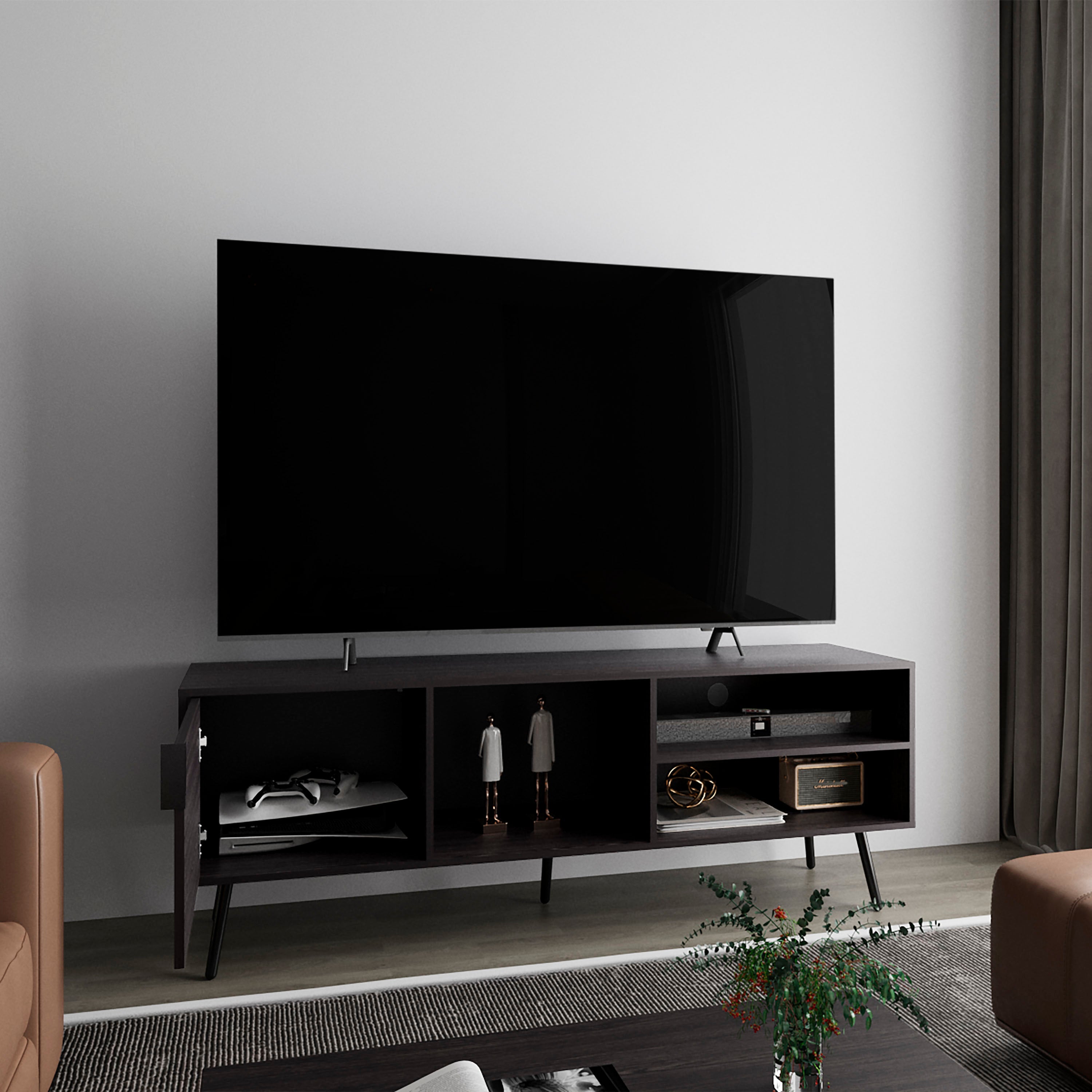 Ekwok TV Stand, 1 Door, 3 Shelves, Black - Luciddepo