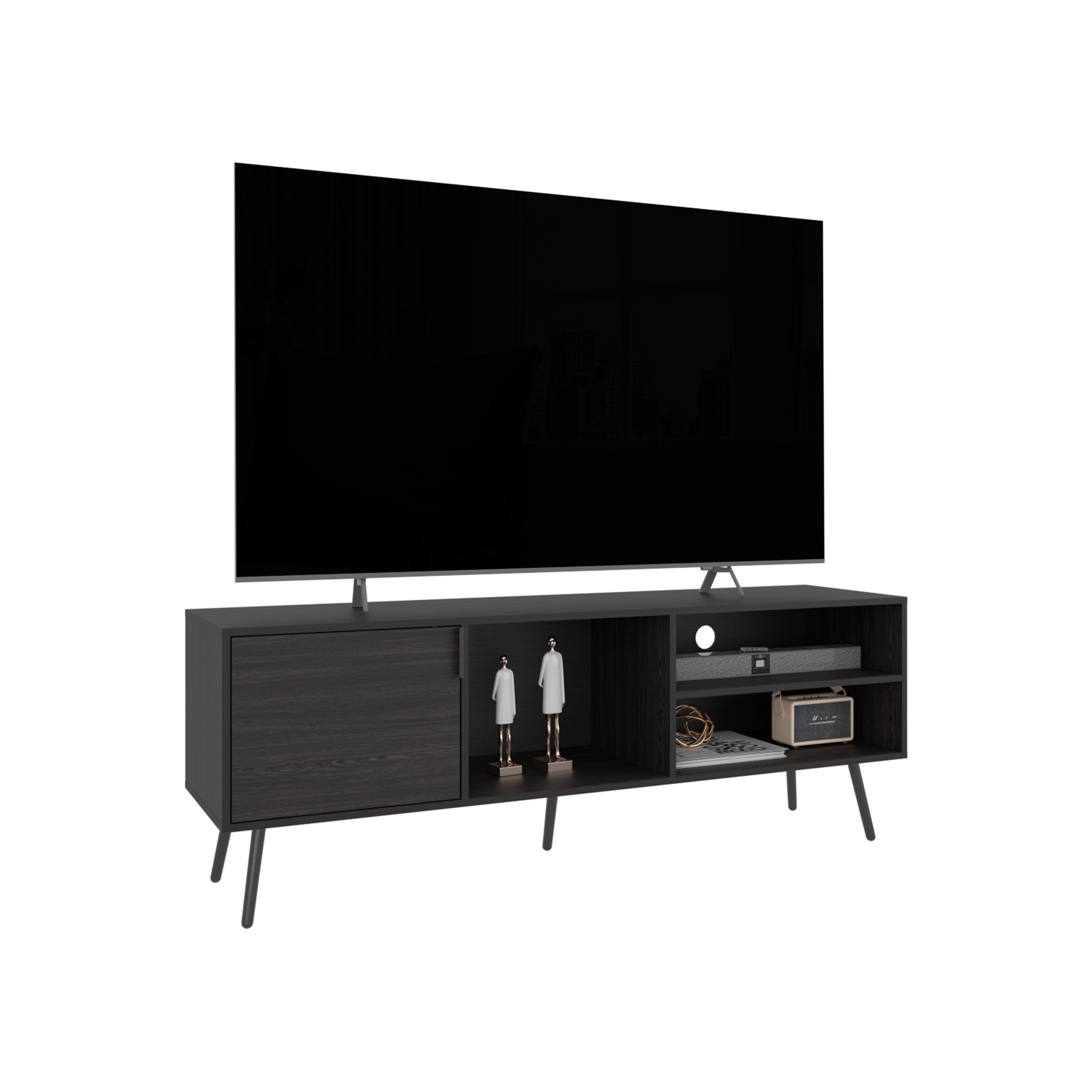 Ekwok TV Stand, 1 Door, 3 Shelves, Black - Luciddepo