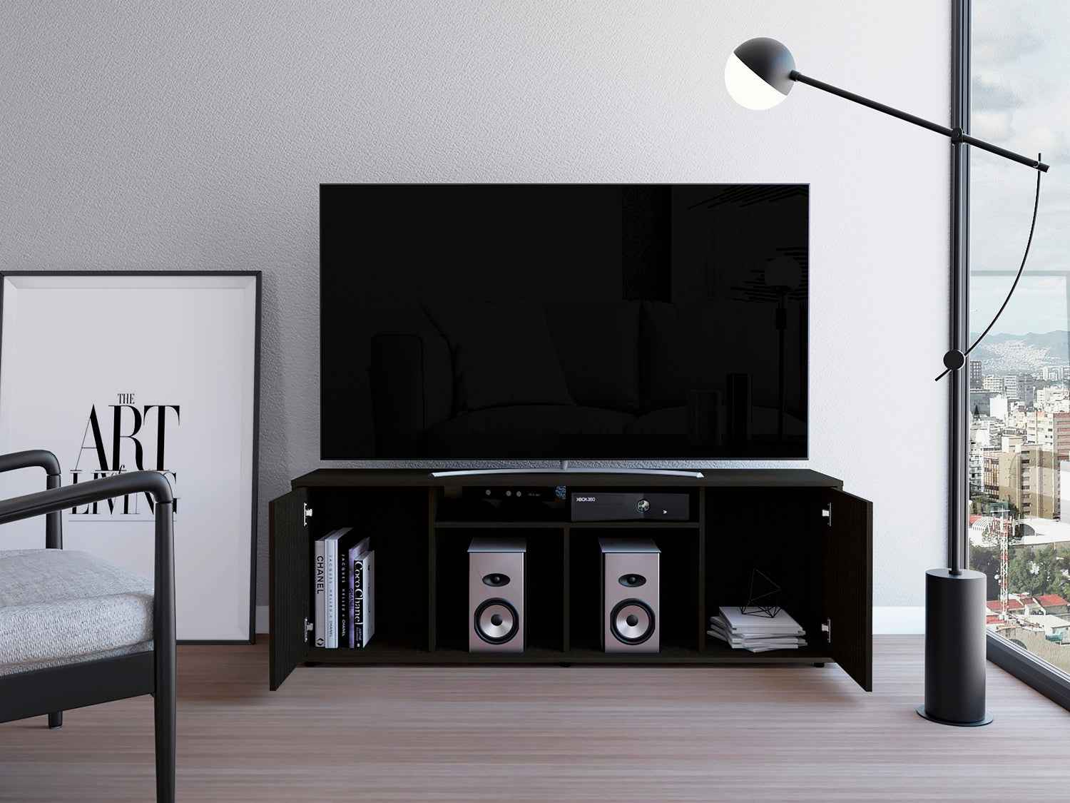 Dallas Tv Stand for TV´s up 55", Two Cabinets With Single Door, Four Shelves, Black