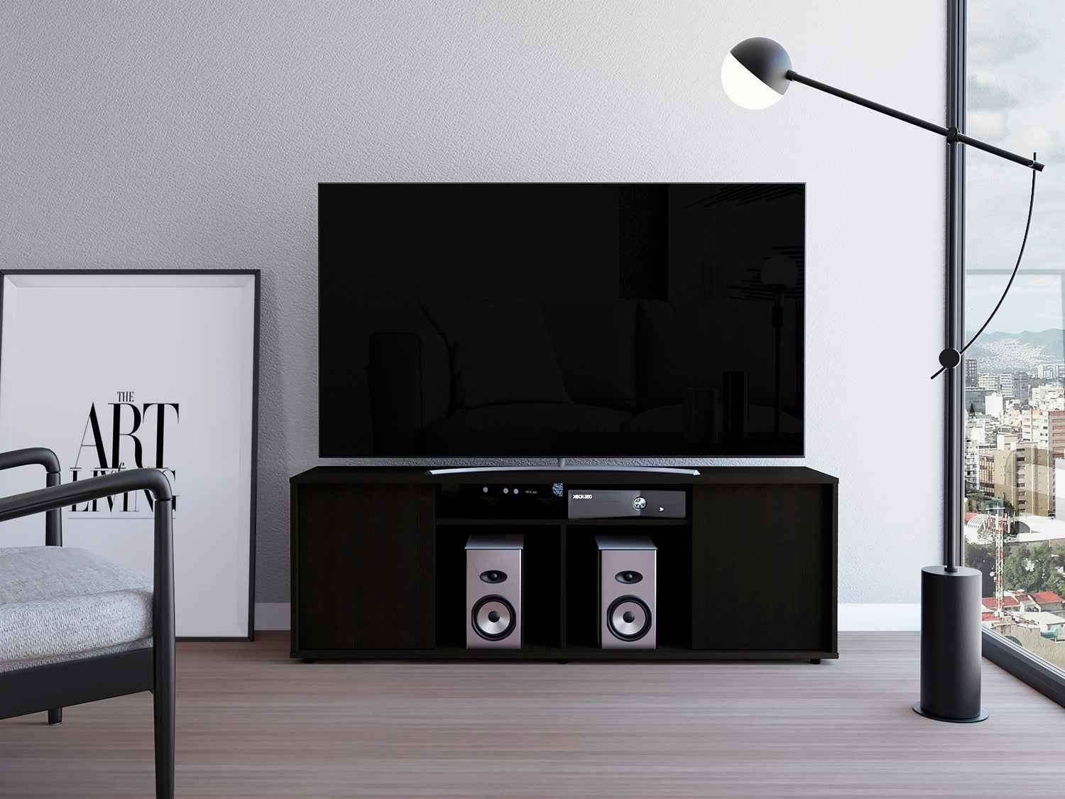 Dallas Tv Stand for TV´s up 55", Two Cabinets With Single Door, Four Shelves, Black