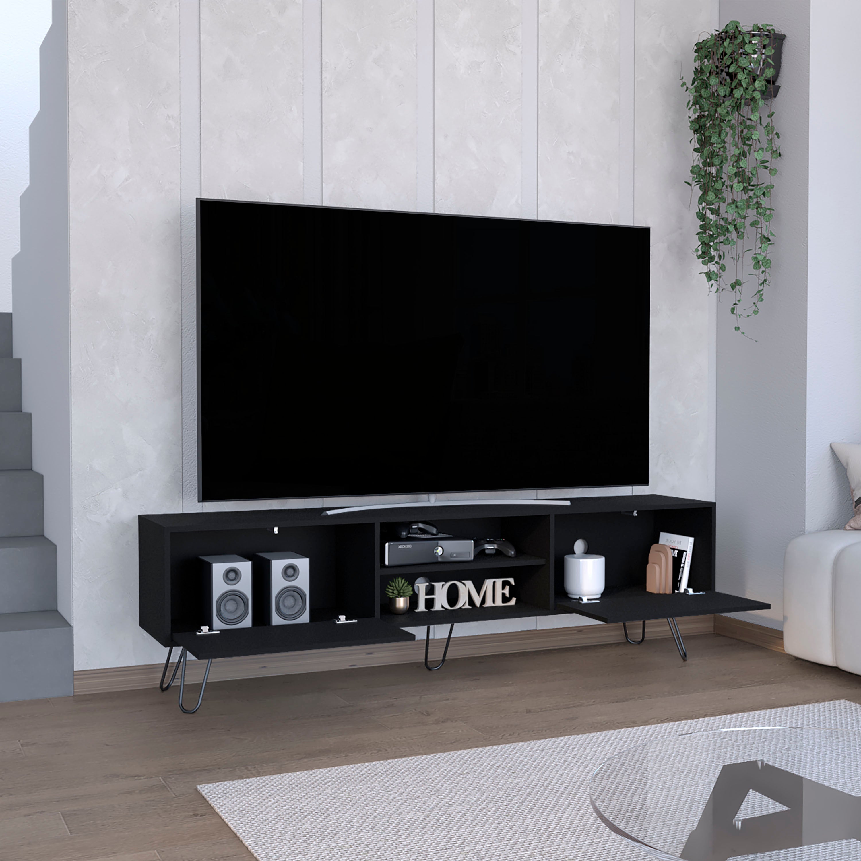 Waco TV Rack, Hairpin Stand with Spacious Storage and Cable Management Holes, Black - Luciddepo