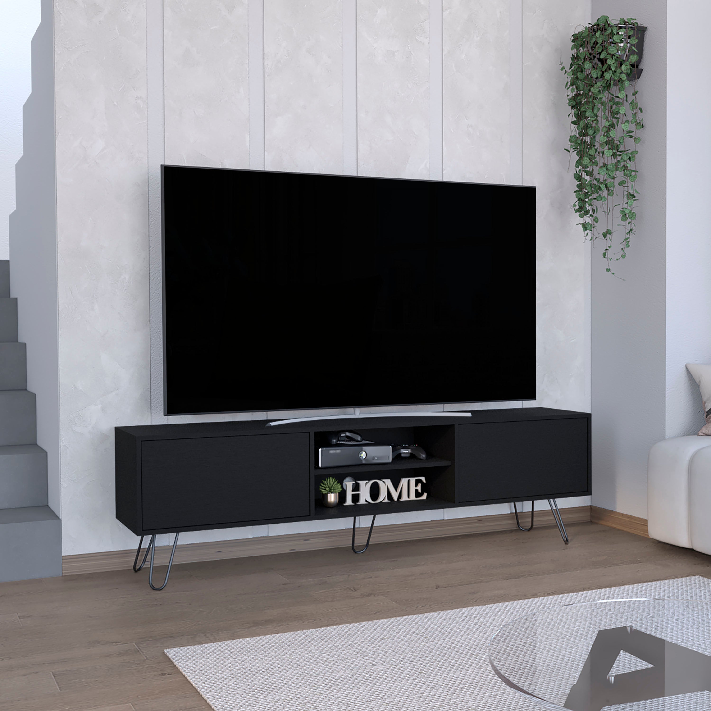 Waco TV Rack, Hairpin Stand with Spacious Storage and Cable Management Holes, Black - Luciddepo