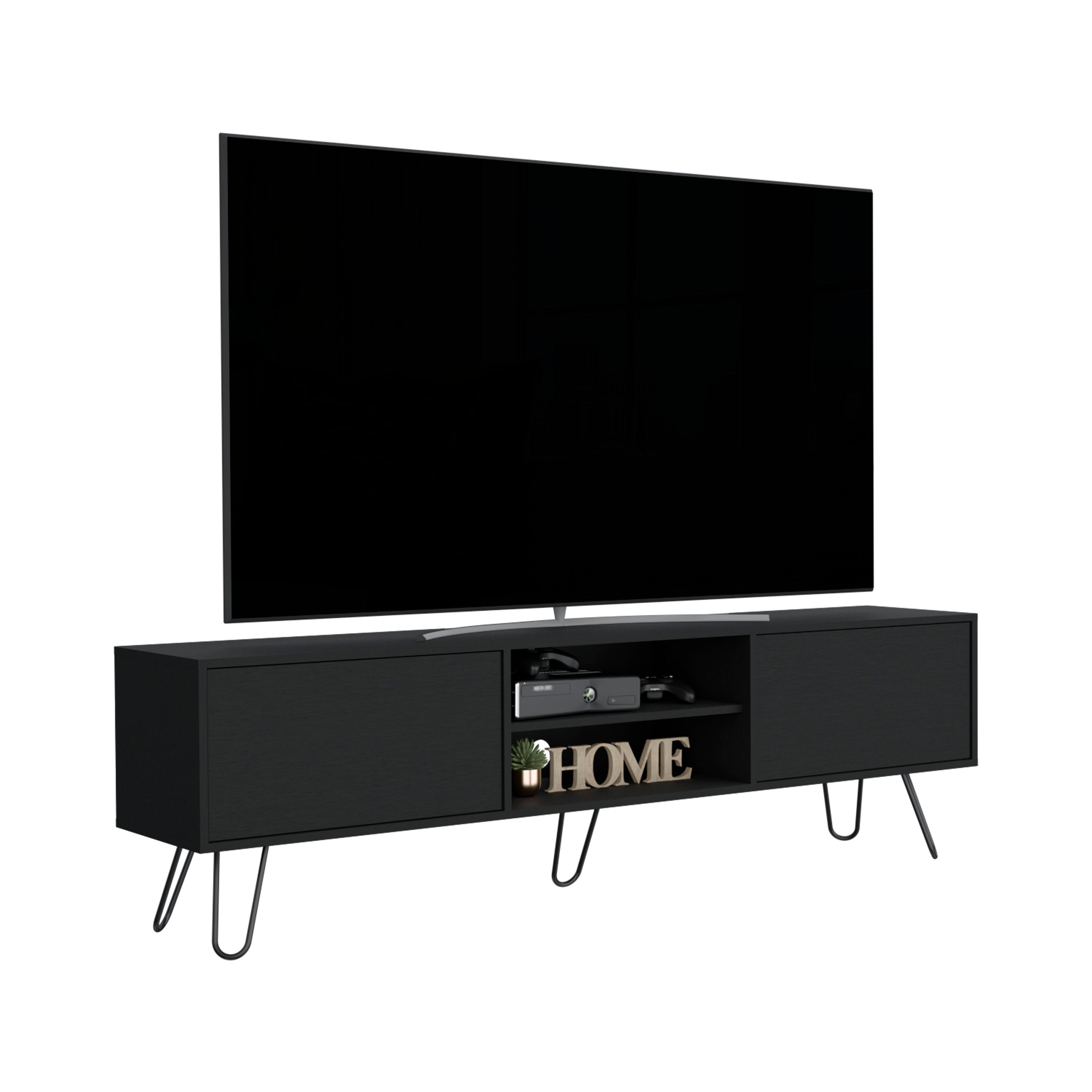 Waco TV Rack, Hairpin Stand with Spacious Storage and Cable Management Holes, Black - Luciddepo