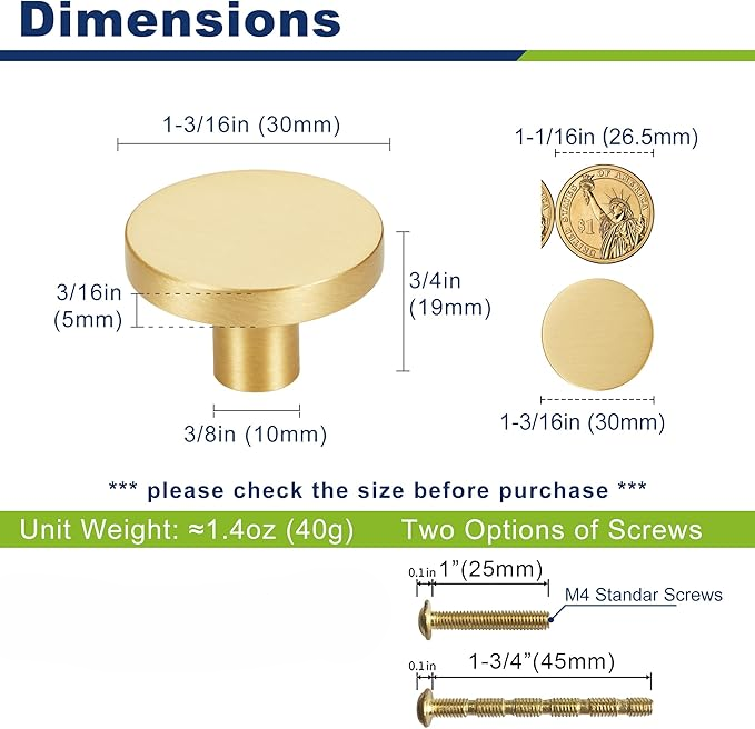 Gold Kitchen Cabinet Knobs, Solid Brass Knobs for Dresser Drawer, Minimalist Bathroom Cabinet Pulls, Modern Furniture Hardware, Brushed Finish (Semicircle/Round/Mushroom/Step) - Luciddepot