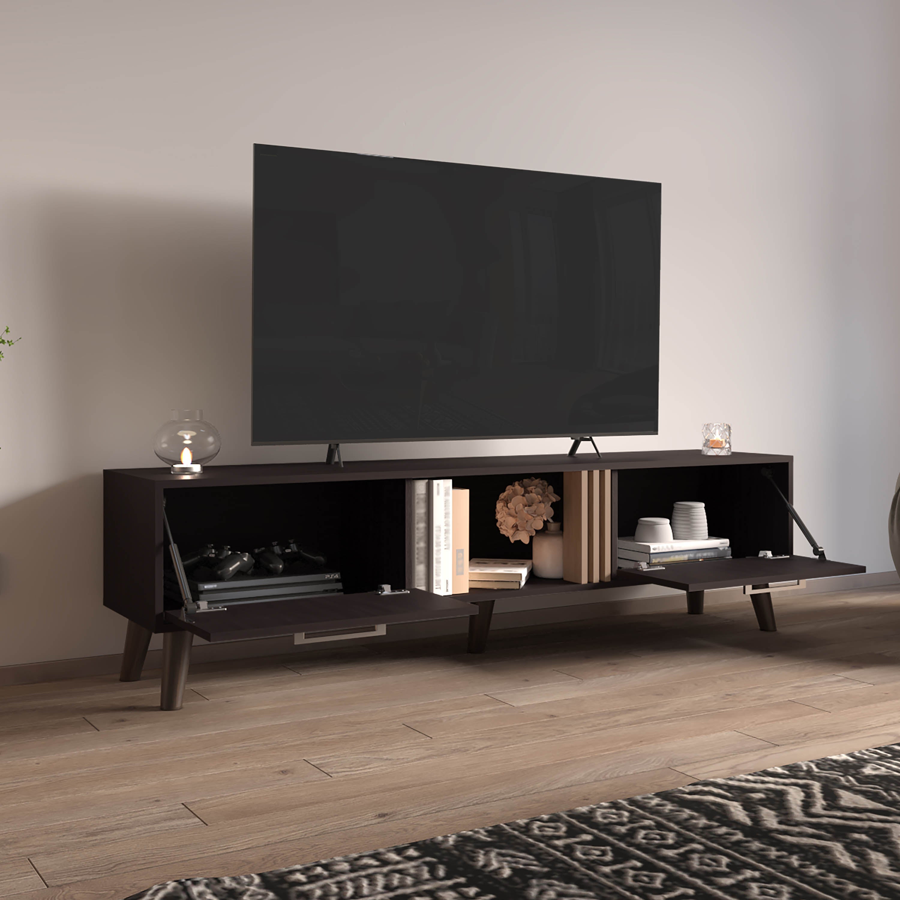 Lankin TV Stand, 2 Doors, 1 Shelf, Black / Natural Oak - Luciddepo