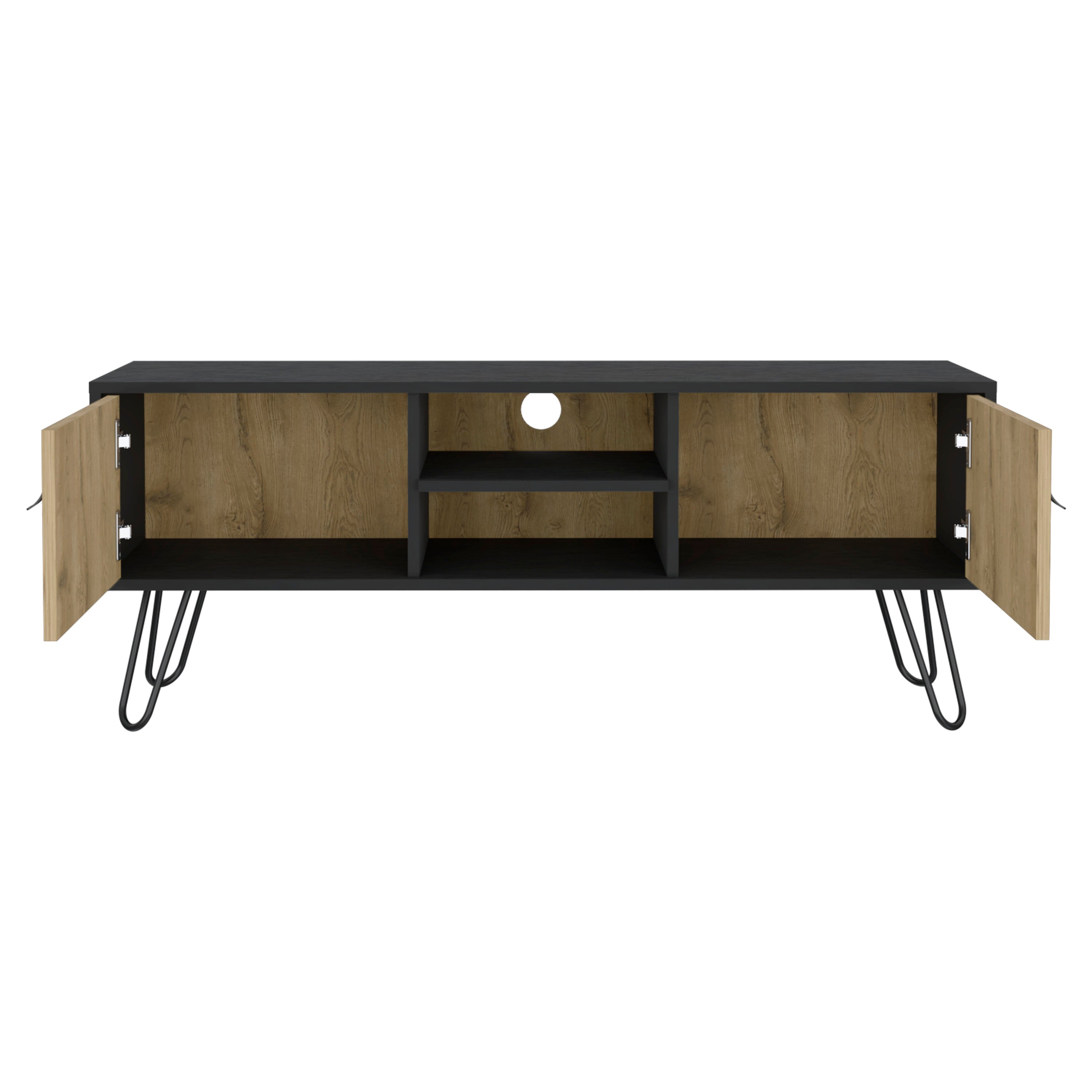 Toka TV Stand with 4 Shelves, 2 Doors and 4 Legs, Black/Macadamia - Luciddepo