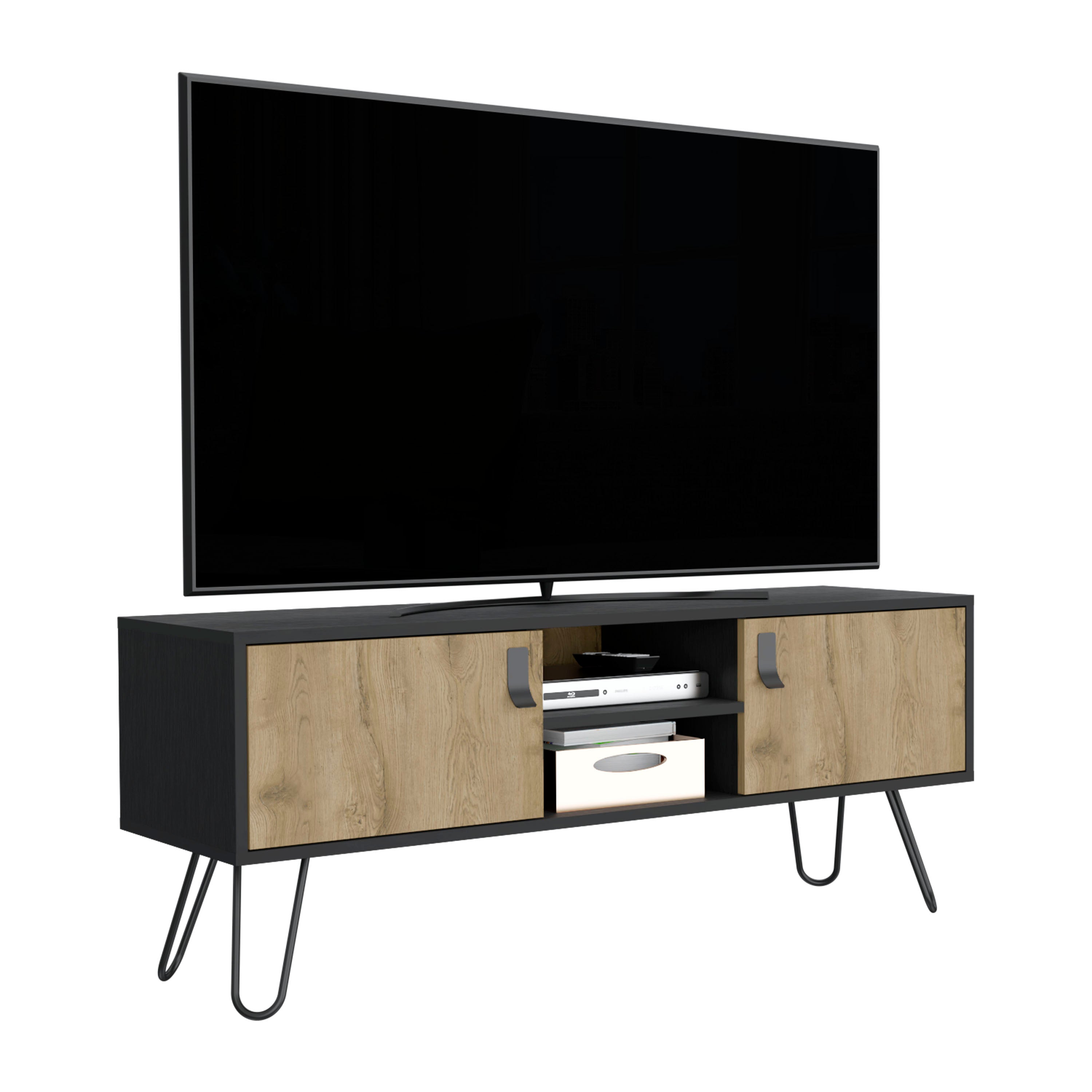 Toka TV Stand with 4 Shelves, 2 Doors and 4 Legs, Black/Macadamia - Luciddepo
