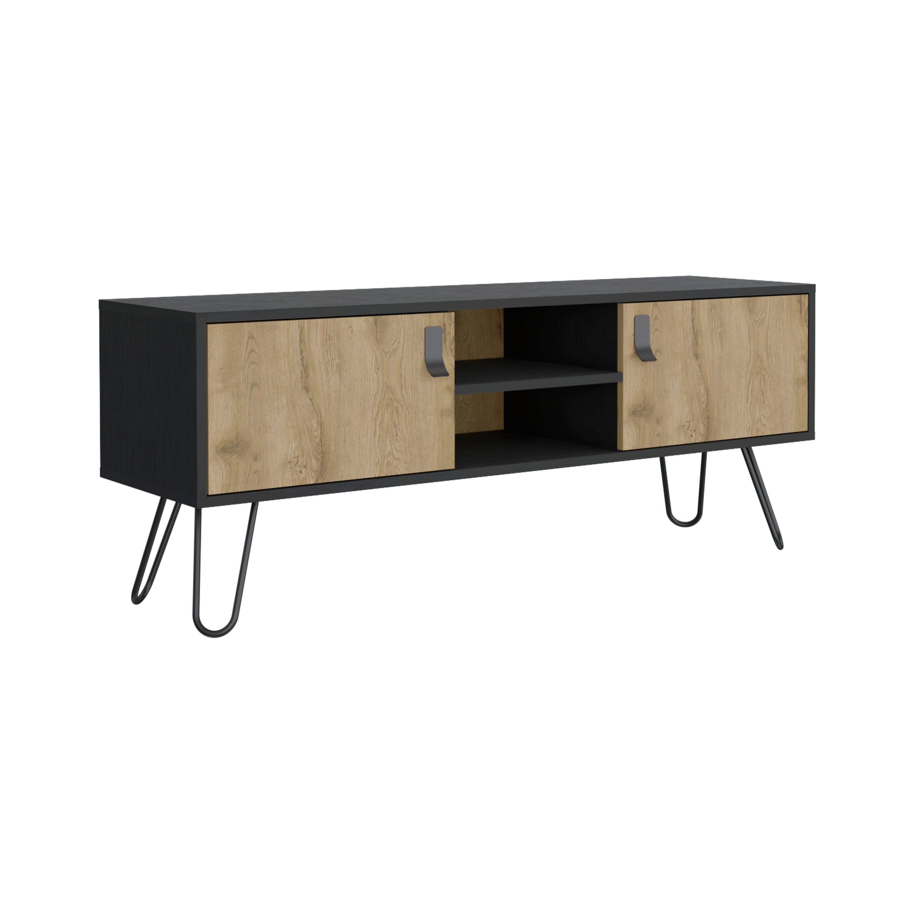 Toka TV Stand with 4 Shelves, 2 Doors and 4 Legs, Black/Macadamia - Luciddepo