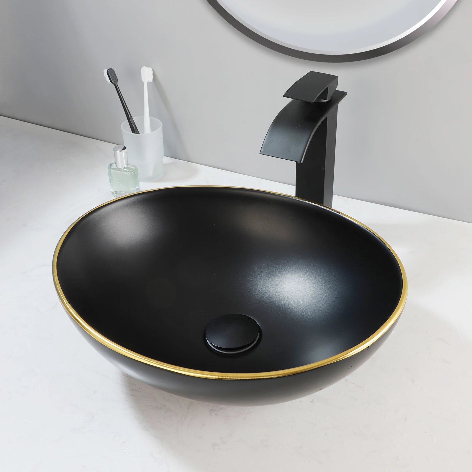 Bathroom, Sink, Vanity Sinks Tops, Vessel Sink, Ceramic Sink Bowl, Waterfall Faucet, Modern, Above Counter, 16 Inch, Black, Marble, White, Gold, Sand