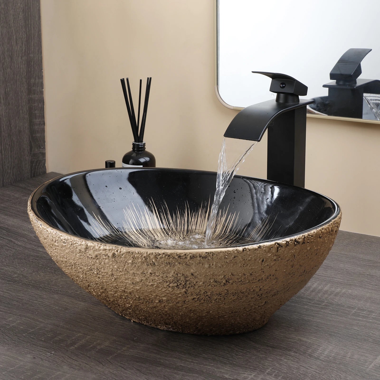 Bathroom, Sink, Vanity Sinks Tops, Vessel Sink, Ceramic Sink Bowl, Waterfall Faucet, Modern, Above Counter, 16 Inch, Black, Marble, White, Gold, Sand