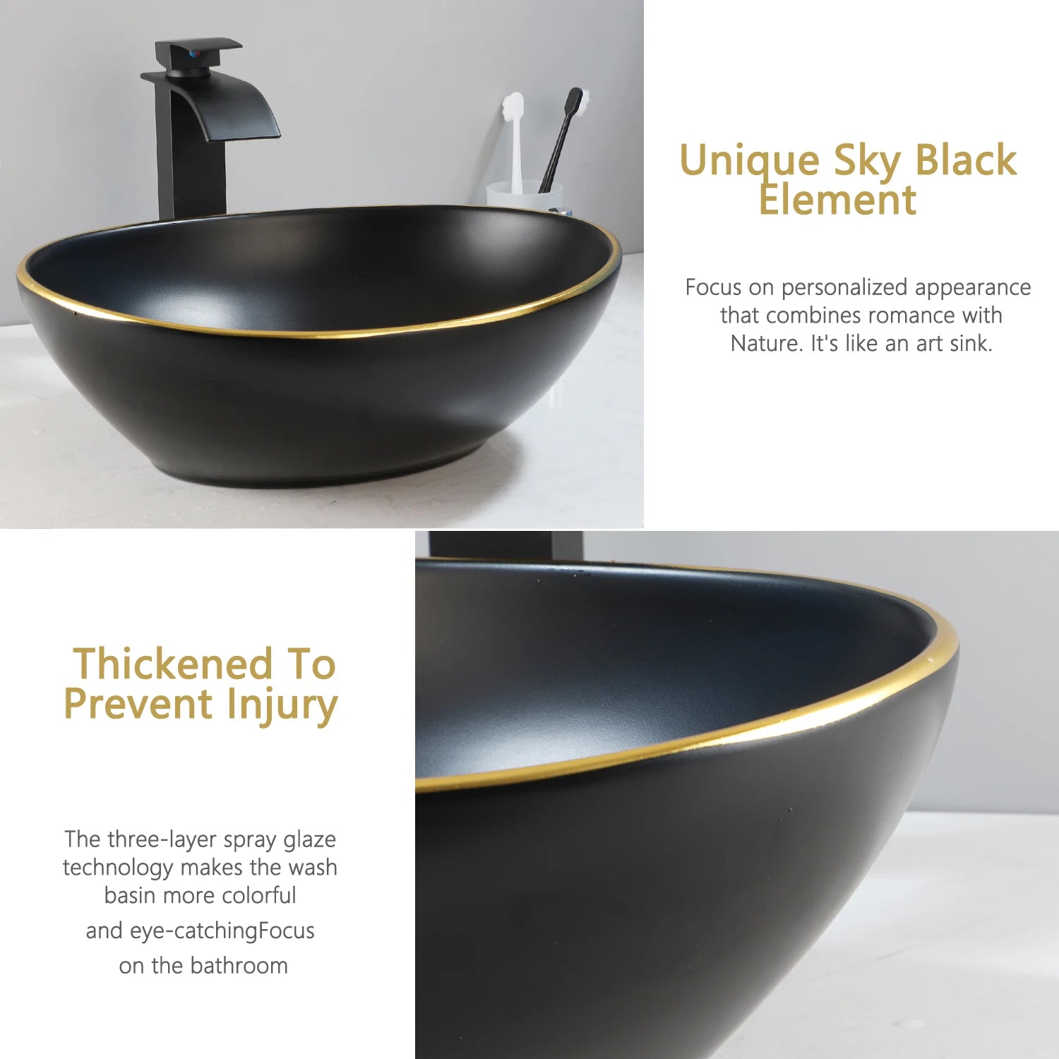 Bathroom, Sink, Vanity Sinks Tops, Vessel Sink, Ceramic Sink Bowl, Waterfall Faucet, Modern, Above Counter, 16 Inch, Black, Marble, White, Gold, Sand