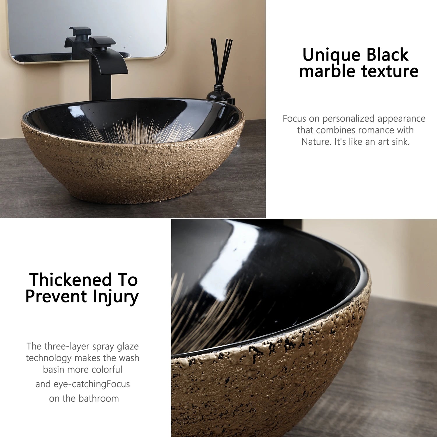 Bathroom, Sink, Vanity Sinks Tops, Vessel Sink, Ceramic Sink Bowl, Waterfall Faucet, Modern, Above Counter, 16 Inch, Black, Marble, White, Gold, Sand