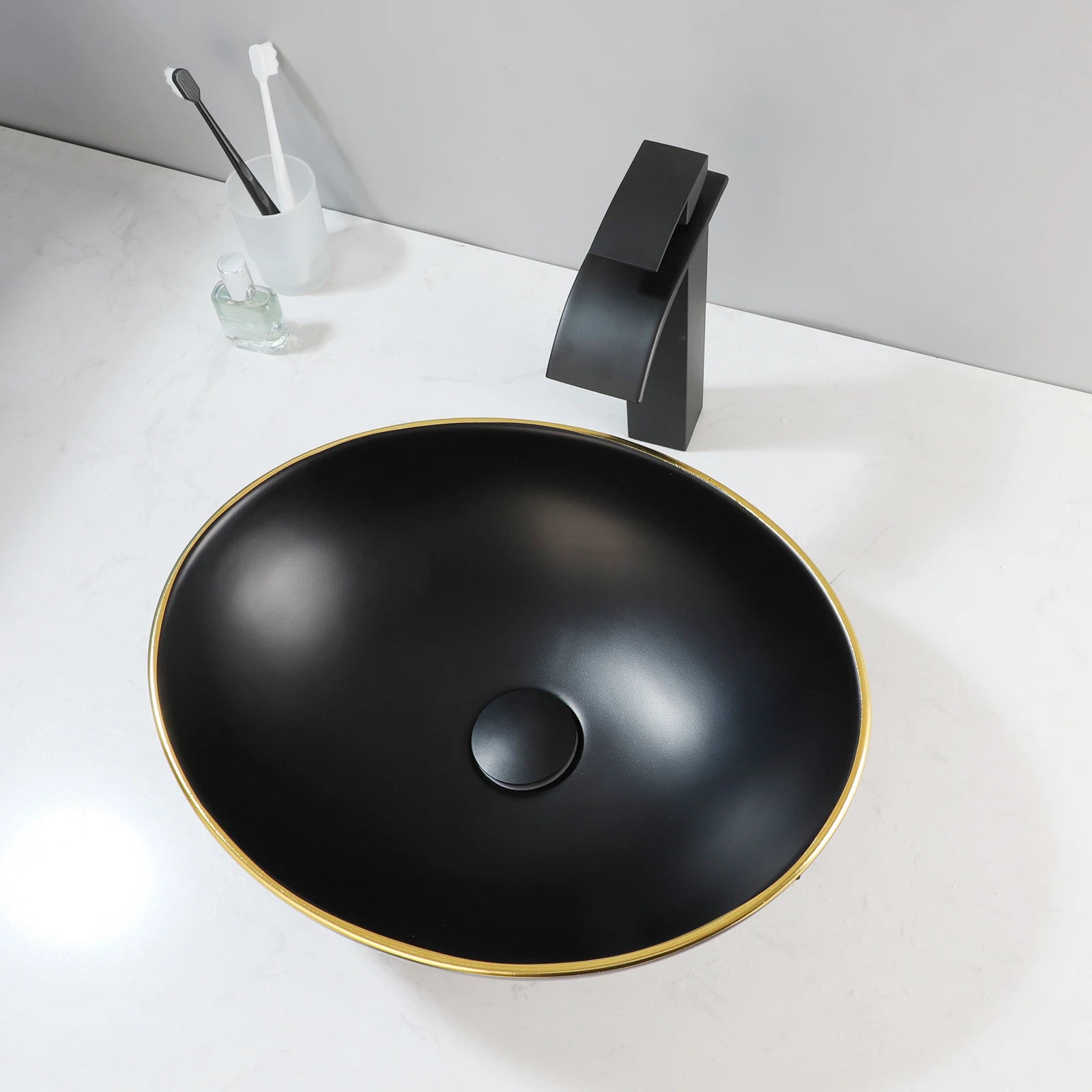 Bathroom, Sink, Vanity Sinks Tops, Vessel Sink, Ceramic Sink Bowl, Waterfall Faucet, Modern, Above Counter, 16 Inch, Black, Marble, White, Gold, Sand