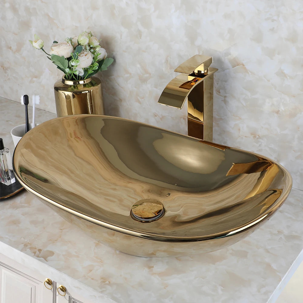 Bathroom, Sink, Vanity Sinks Tops, Vessel Sink, Ceramic Sink Bowl, Waterfall Faucet, Modern, Above Counter, 23 Inch, Gold