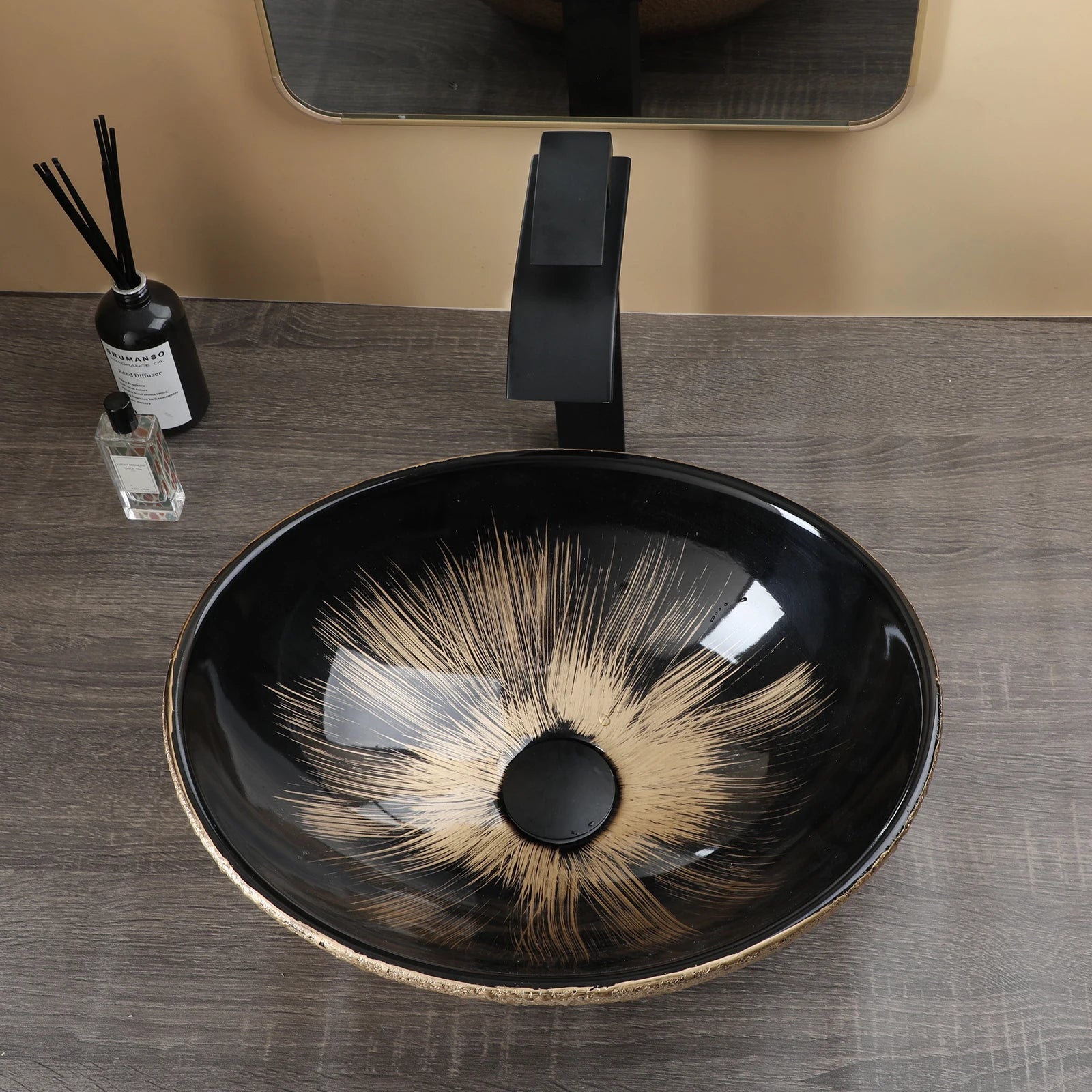 Bathroom, Sink, Vanity Sinks Tops, Vessel Sink, Ceramic Sink Bowl, Waterfall Faucet, Modern, Above Counter, 16 Inch, Black, Marble, White, Gold, Sand