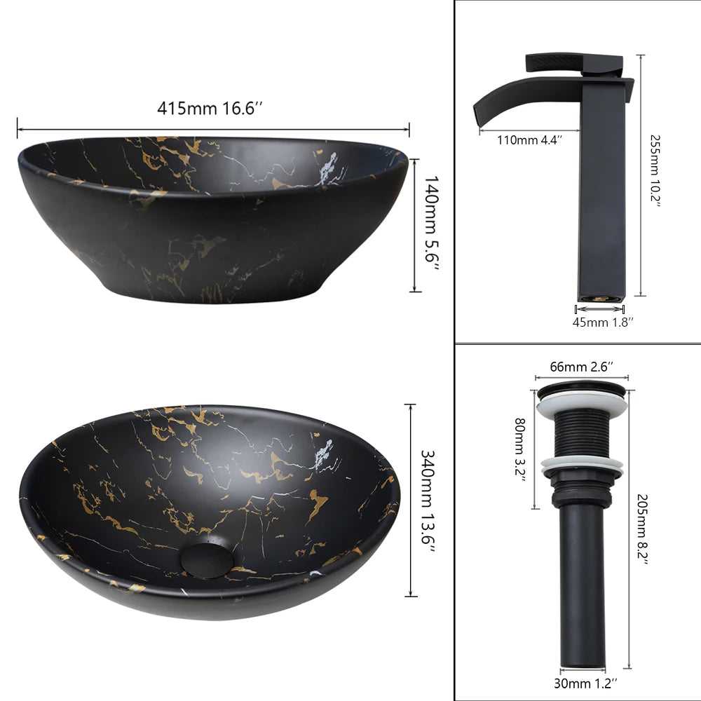 Bathroom, Sink, Vanity Sinks Tops, Vessel Sink, Ceramic Sink Bowl, Waterfall Faucet, Modern, Above Counter, 16 Inch, Black, Marble, White, Gold, Sand