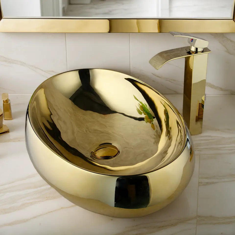 Bathroom, Sink, Vanity Sinks Tops, Vessel Sink, Ceramic Sink Bowl, Waterfall Faucet, Modern, Above Counter, 23 Inch, Gold