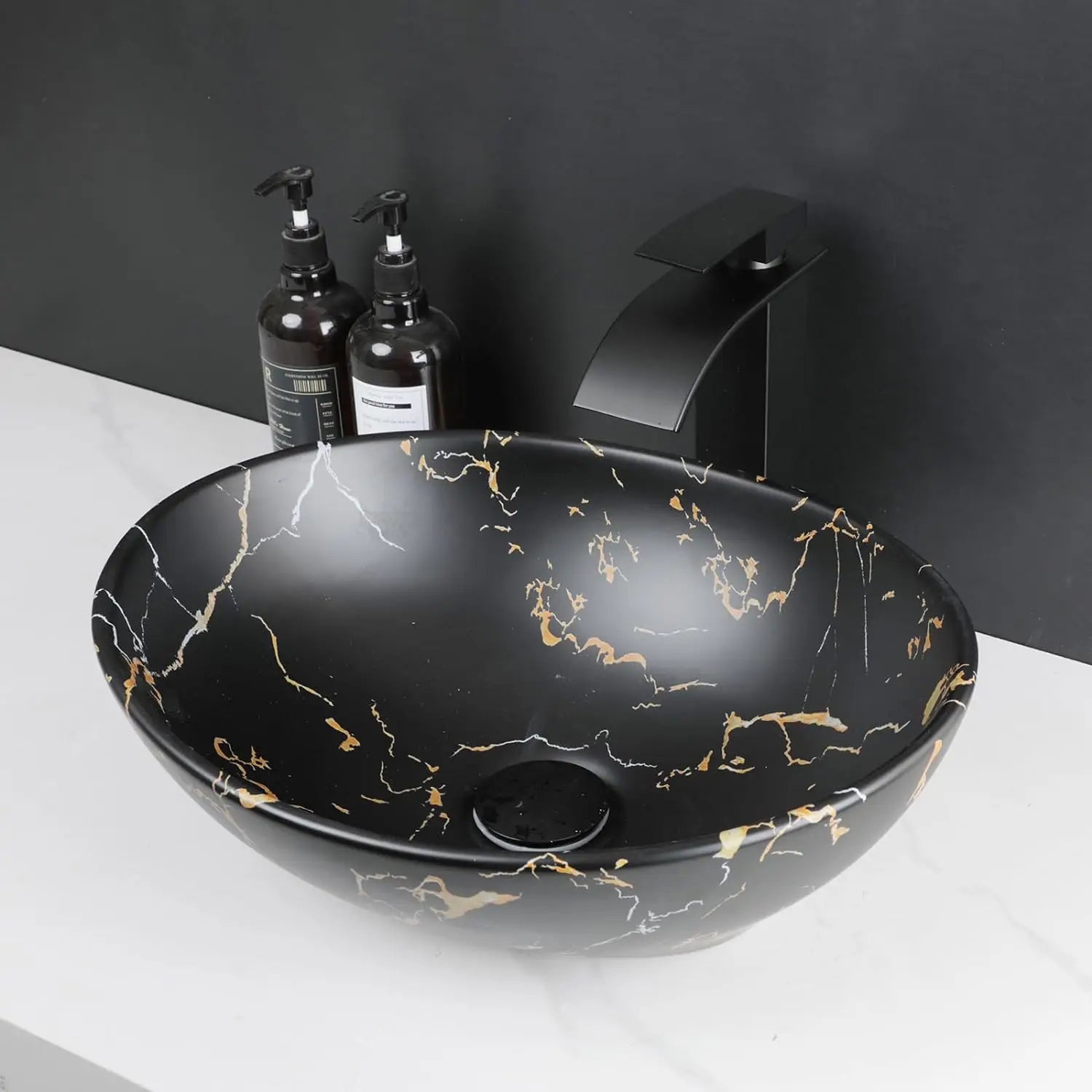 Bathroom, Sink, Vanity Sinks Tops, Vessel Sink, Ceramic Sink Bowl, Waterfall Faucet, Modern, Above Counter, 16 Inch, Black, Marble, White, Gold, Sand