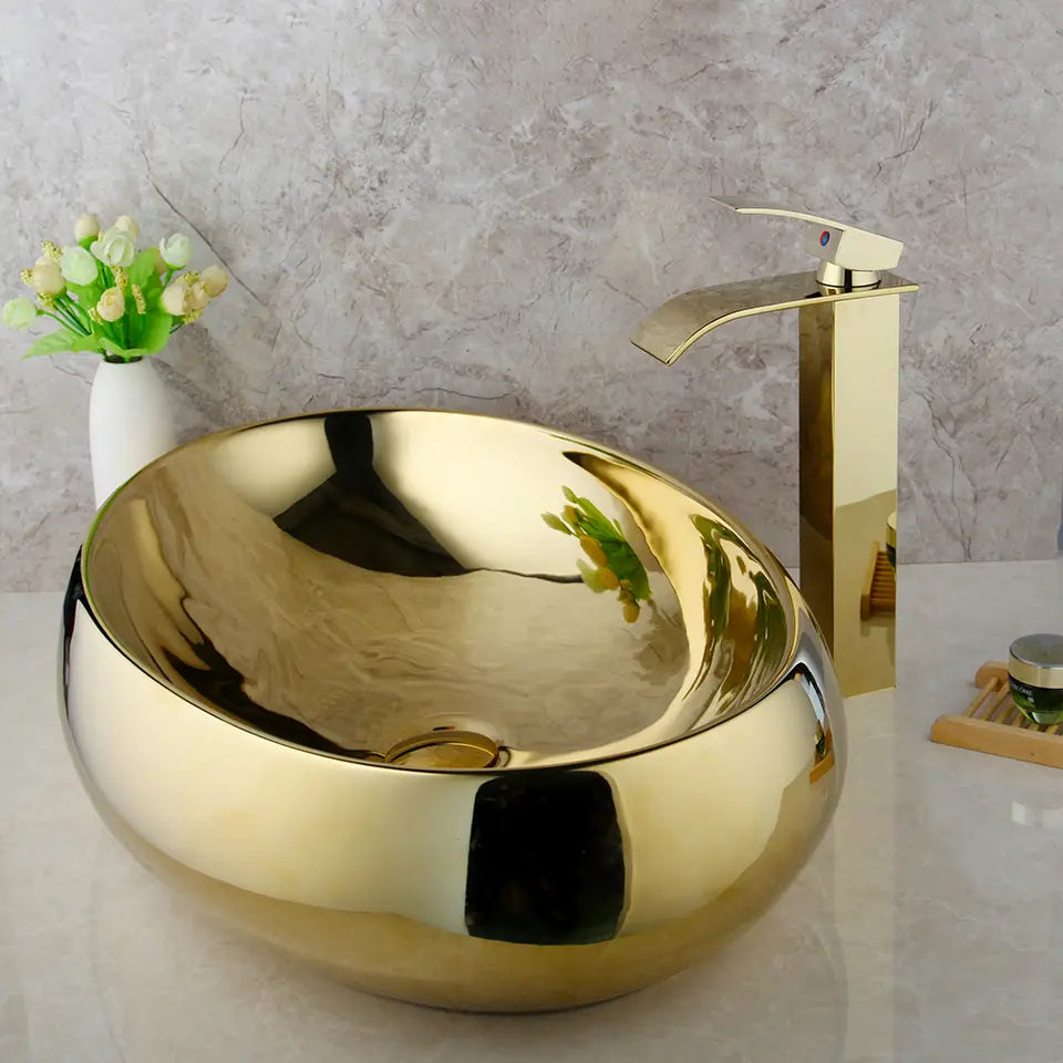 Bathroom, Sink, Vanity Sinks Tops, Vessel Sink, Ceramic Sink Bowl, Waterfall Faucet, Modern, Above Counter, 23 Inch, Gold