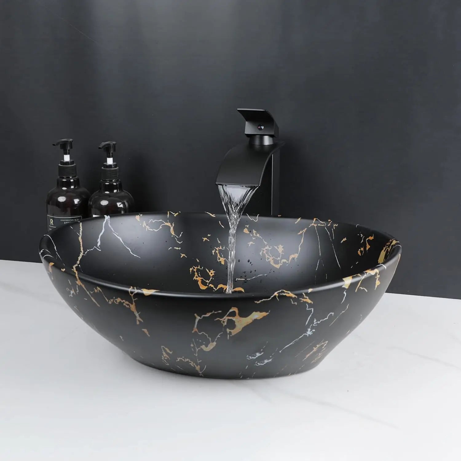 Bathroom, Sink, Vanity Sinks Tops, Vessel Sink, Ceramic Sink Bowl, Waterfall Faucet, Modern, Above Counter, 16 Inch, Black, Marble, White, Gold, Sand